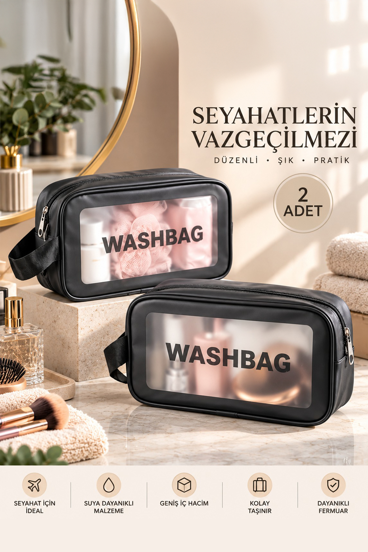 3140 2li Şeffaf Seyahat ve Makyaj Çantası Su Geçirmez Organizer Washbag 21x13cm — مشکی 3140-2