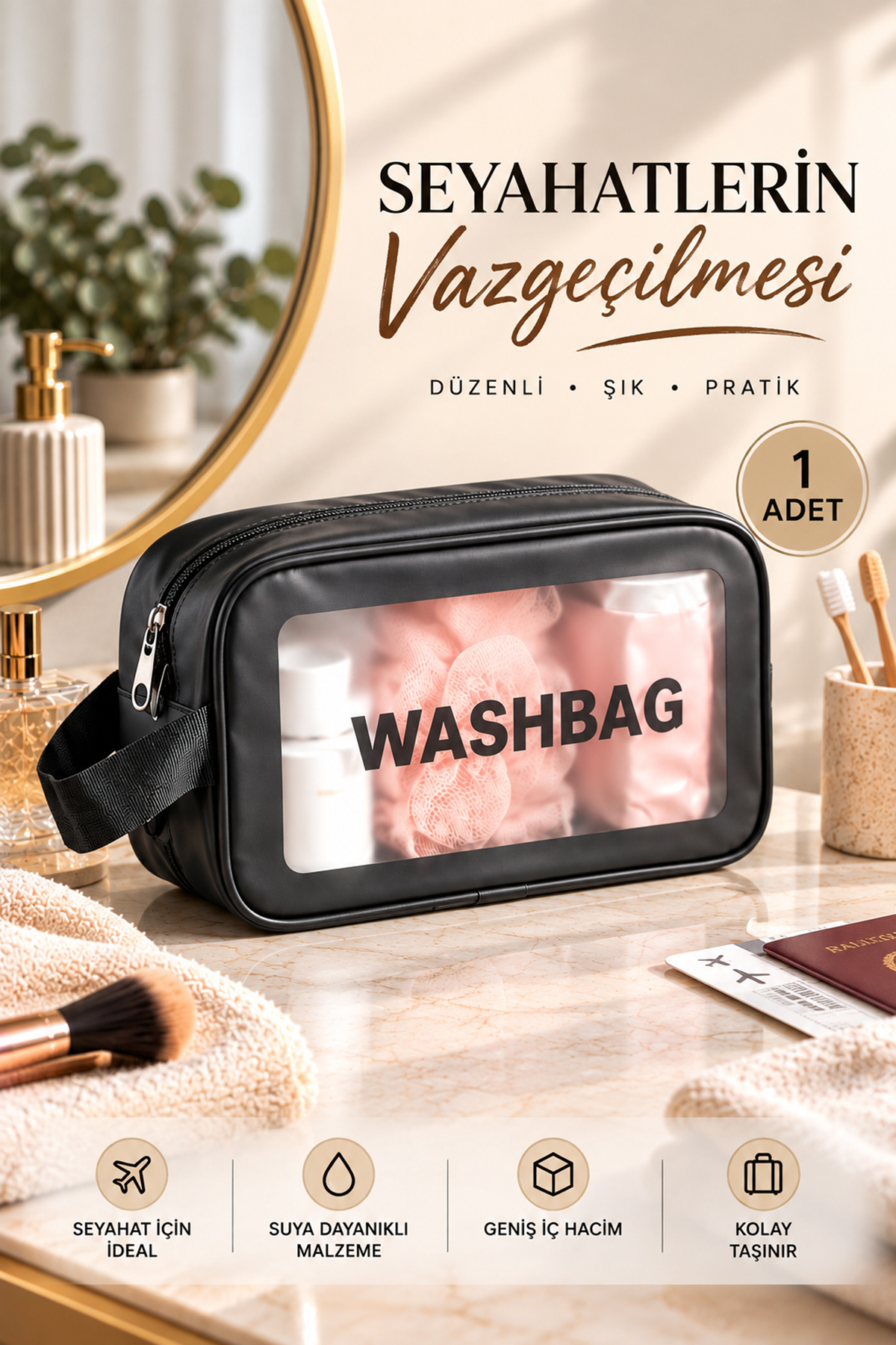 3140 Şeffaf Seyahat ve Makyaj Çantası Su Geçirmez Organizer Washbag 21x13cm — مشکی