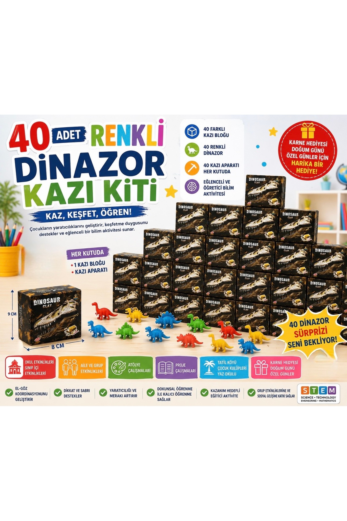 AZİZ OYUNCAK 🦖 40'lı Renkli Dinozor Kazı Kiti – Eğitici