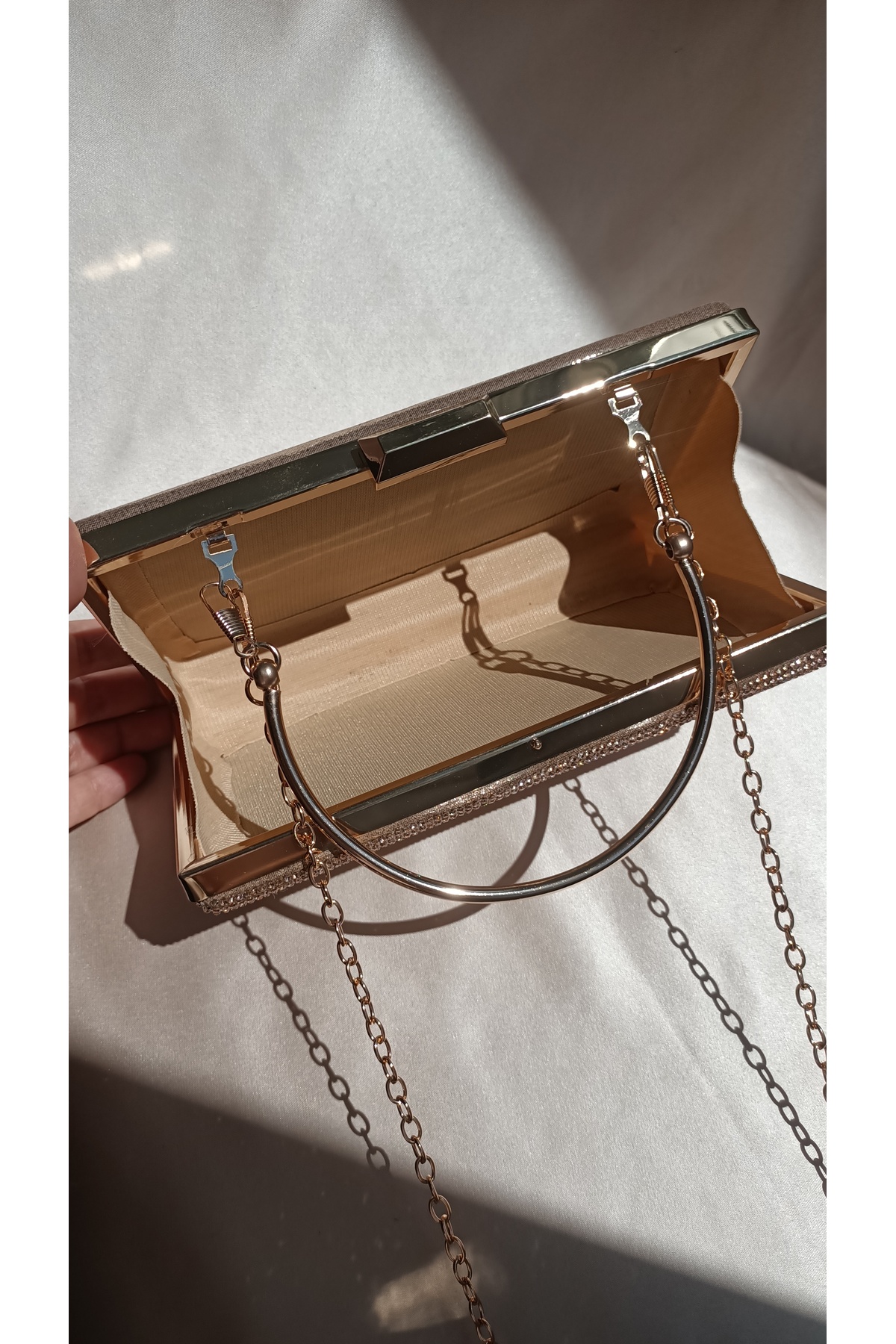 Gül karatekin gk Kadın Rose Gold Kristal Sırataşlı Ekstra Zincirli ve Çıkarılabilir Tutma Saplı Şık Abiye Portföy Çanta görsel 6