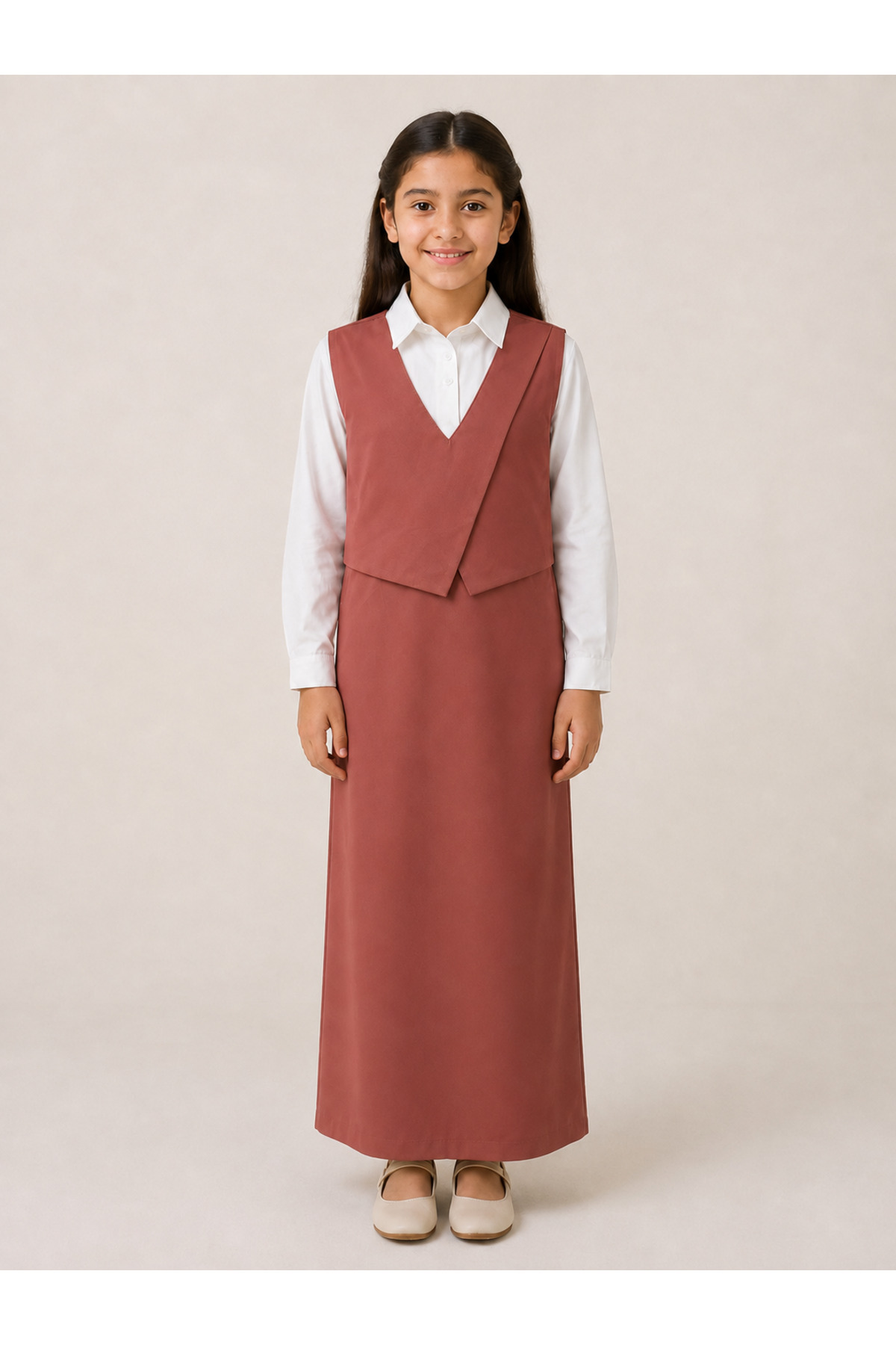 Primary School Uniform Two-Piece Set with Attached Vest and White Shirt - Earthy Tone