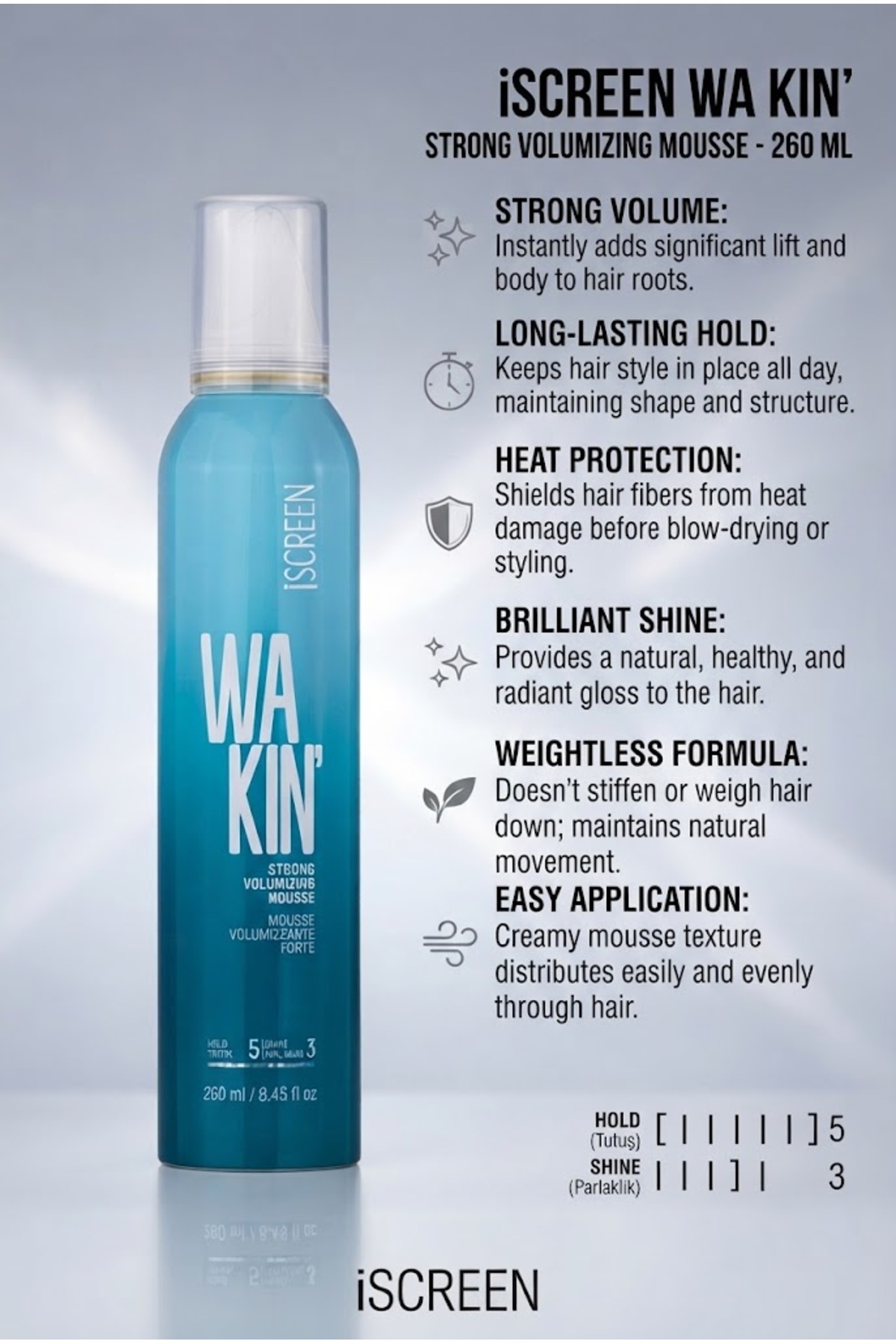 Güçlü Tutucu Hacim Veren Saç Köpüğü 250 ml - Dolgunlaştırıcı Şekillendirici - Wakin Strong Hold Mousse — SCR-WKN-250-STRM — تصویر 3 از 3
