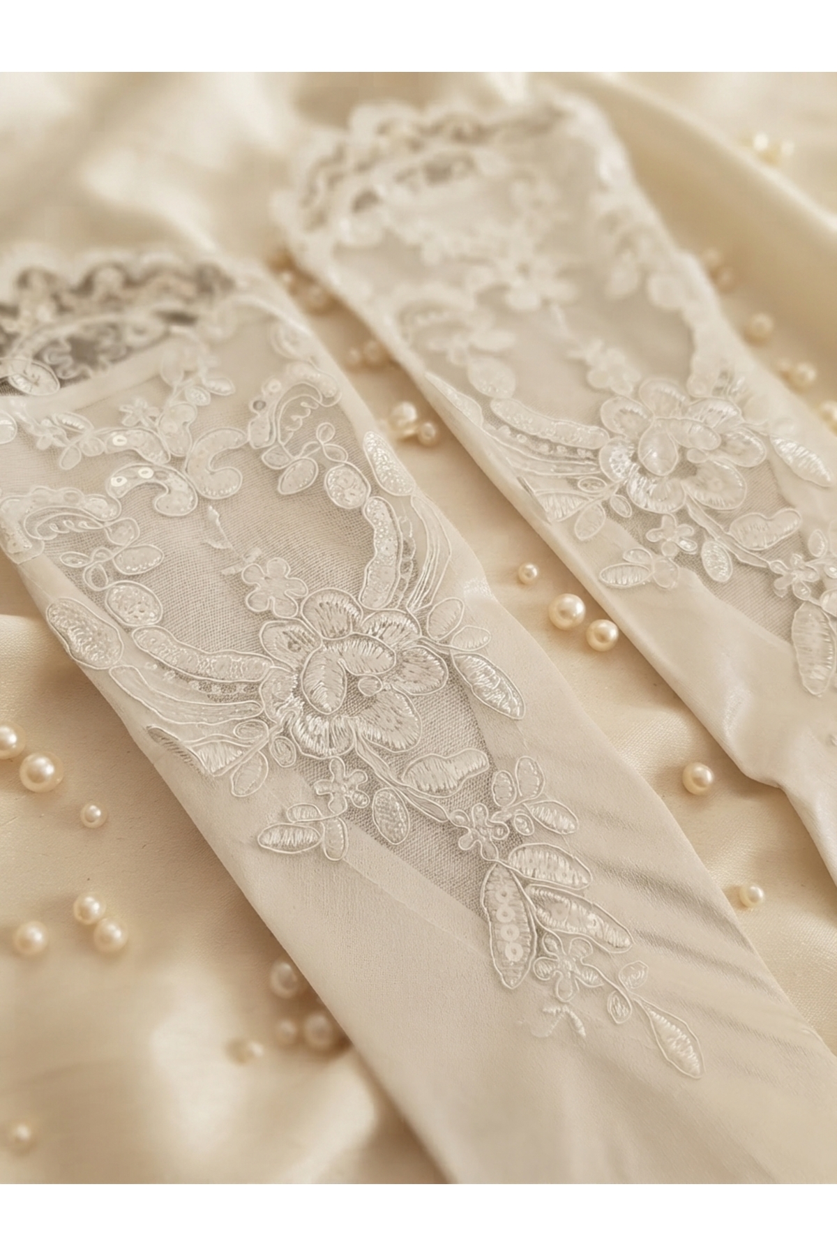 Esram Butik Beyaz Saten Dantel Detaylı Uzun Gelin Eldiveni, Tül Üzeri İşlemeli Nikah Eldiveni görsel 8