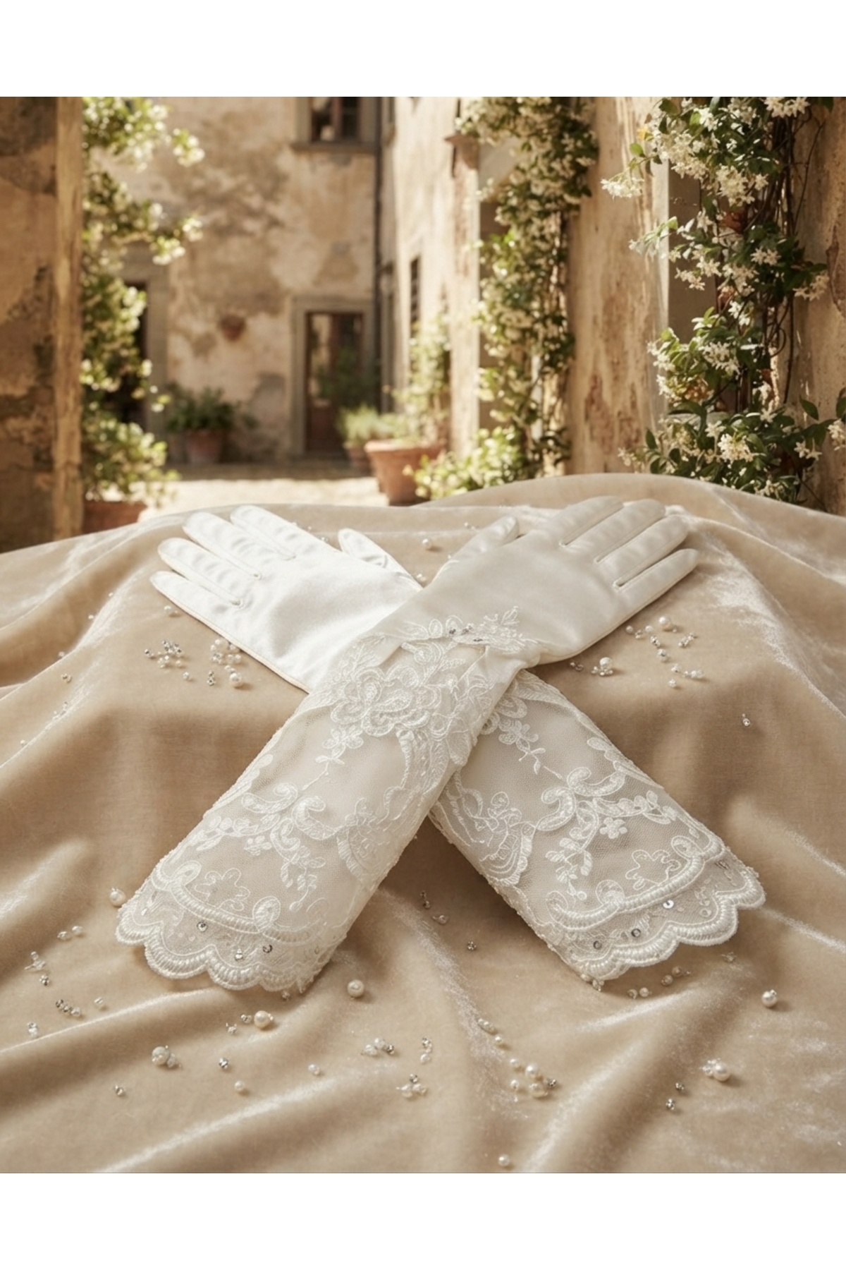 Esram Butik Beyaz Saten Dantel Detaylı Uzun Gelin Eldiveni, Tül Üzeri İşlemeli Nikah Eldiveni görsel 6