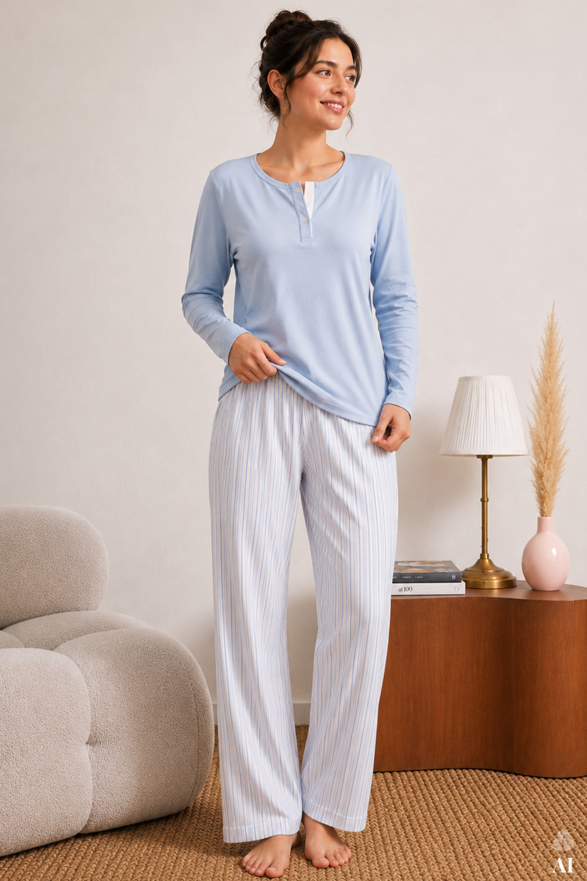 koza iç giyim Kadın Pamuklu Mavi Uzun Kollu Düğmeli Yaka Çizgili Alt Pijama Takımı görsel 2