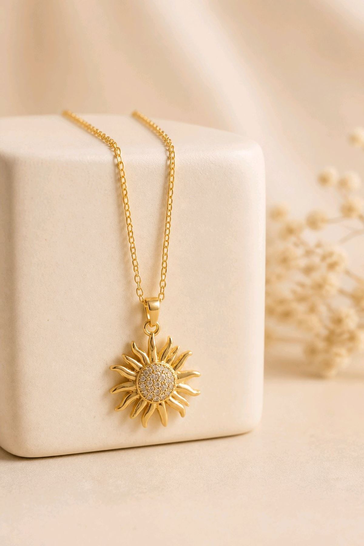 mosmoda Paslanmaz Çelik Gold Taşlı Güneş Kolye