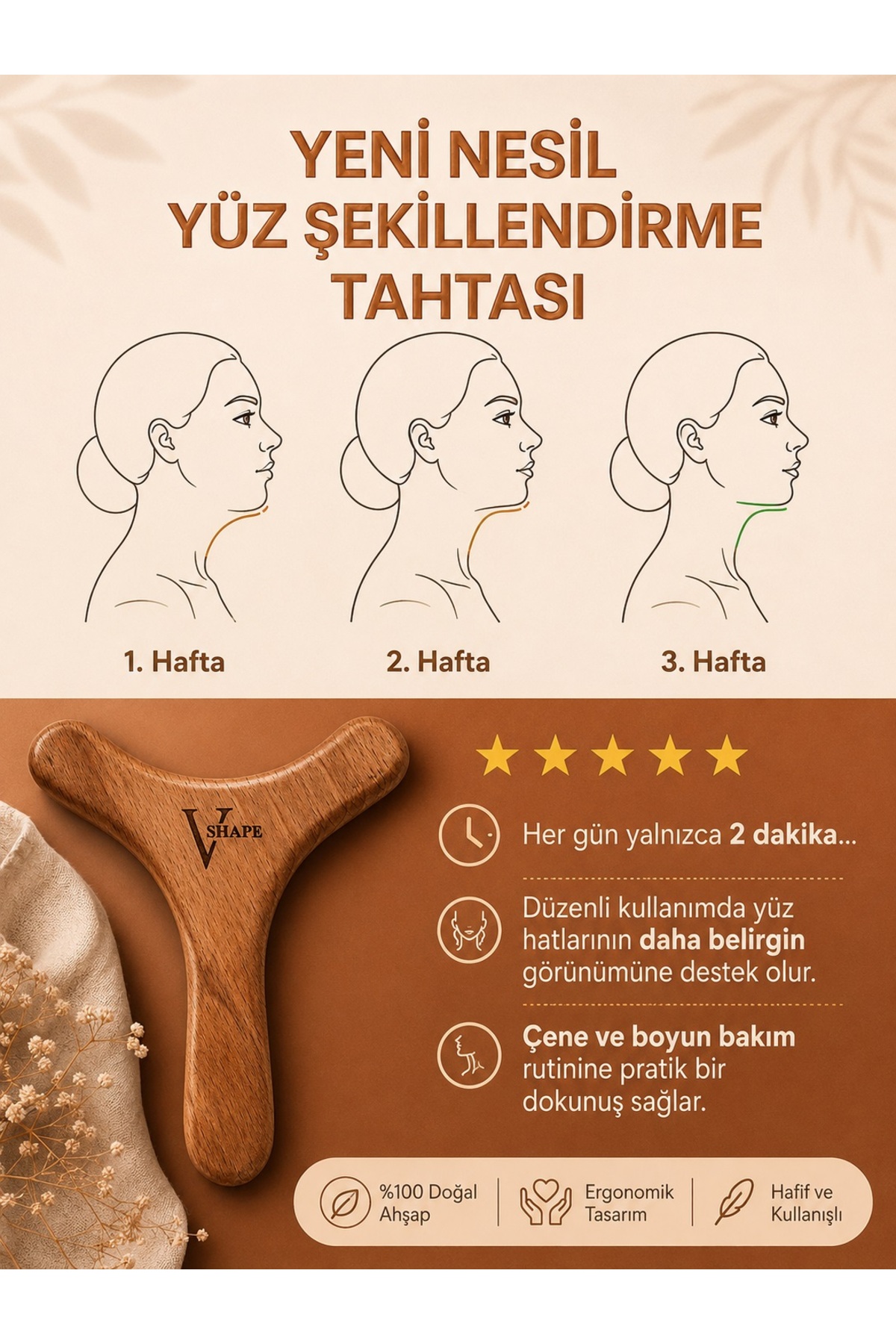 V Shape Yüz, Gıdı, Boyun, Sarkma ve Kırışıklık Bakımı Masaj Tahtası – Ahşap Yüz Masaj Aleti, Çene Hattı — gıdıtahta — تصویر 2 از 4