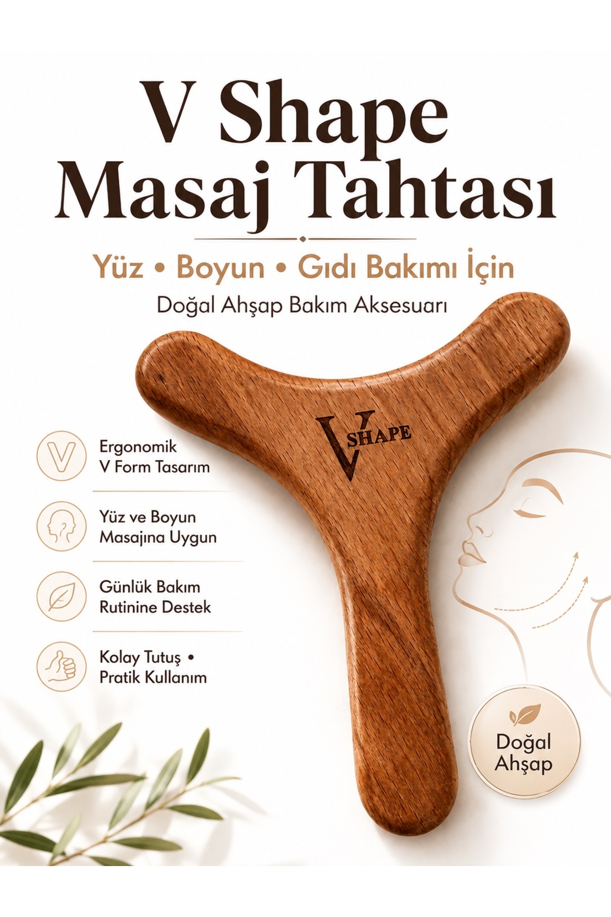 For You Gold V Shape Yüz, Gıdı, Boyun, Sarkma ve Kırışıklık Bakımı Masaj Tahtası – Ahşap Yüz Masaj Aleti, Çene Hattı — gıdıtahta