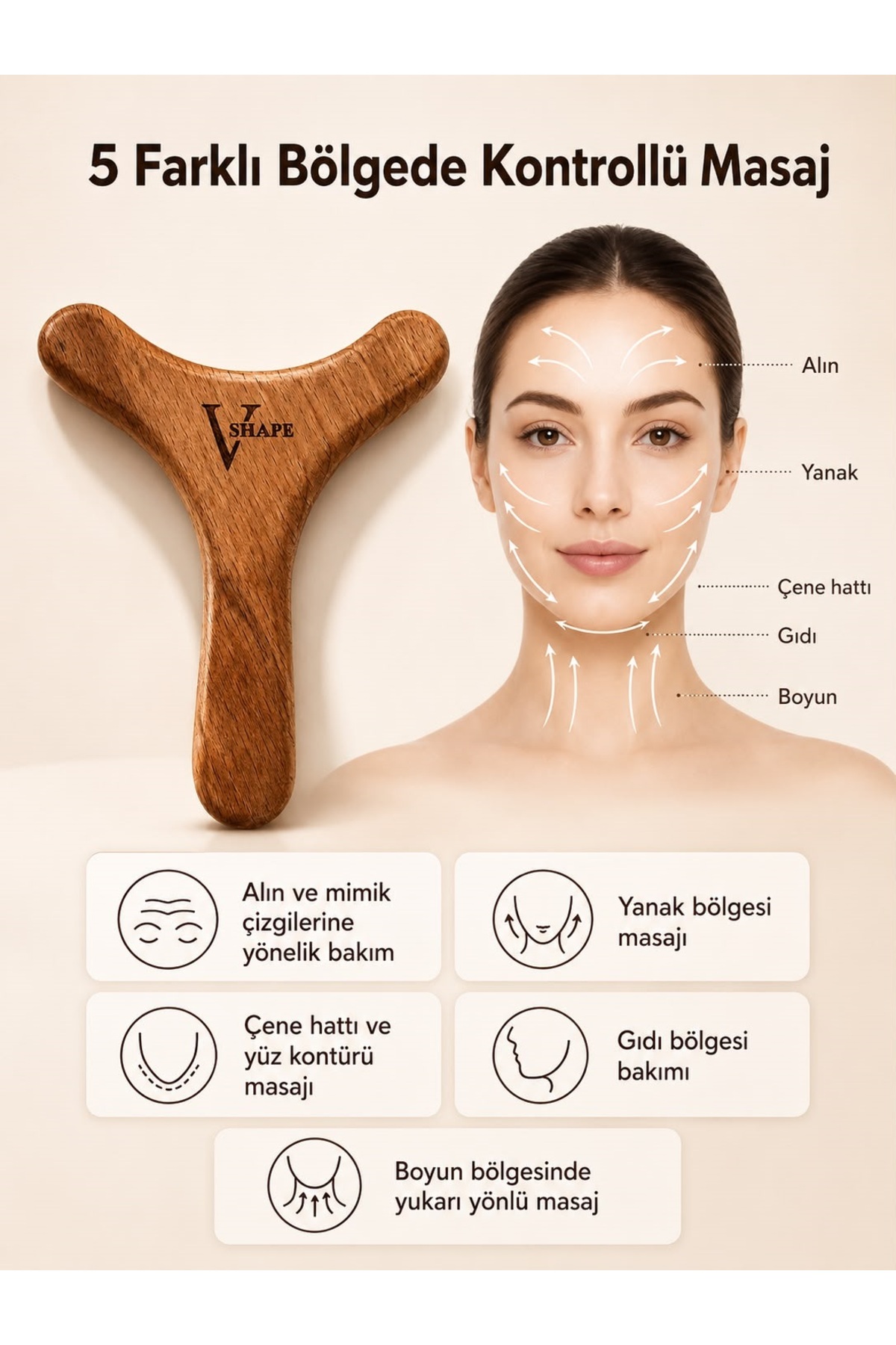 V Shape Yüz, Gıdı, Boyun, Sarkma ve Kırışıklık Bakımı Masaj Tahtası – Ahşap Yüz Masaj Aleti, Çene Hattı — gıdıtahta — تصویر 3 از 4