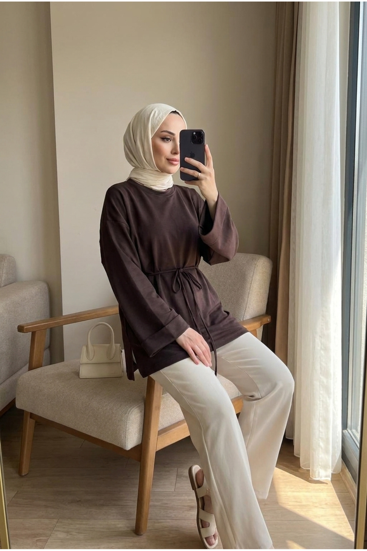 Kirazca Butik Kadın Modal Kumaş Zarif Bağlama Detaylı Tunik 70 cm görsel 3