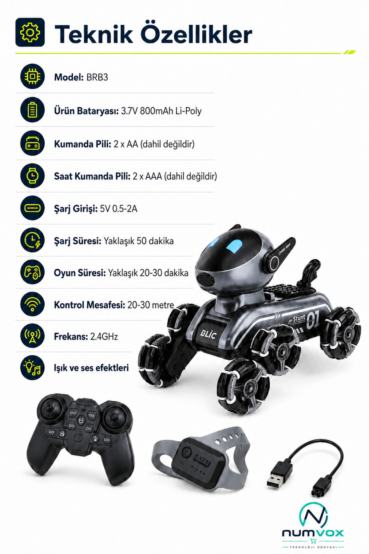 Akıllı Robot Köpek BRB3 Uzaktan Kumandalı Hareket Sensörlü Işıklı Sesli Oyuncak