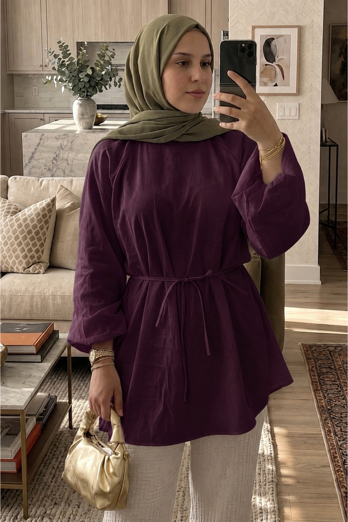 miremiran Balon kol oversize tunik gömlek belden bağlamalı ense fermuarlı kol içi astarlı MÜRDÜM