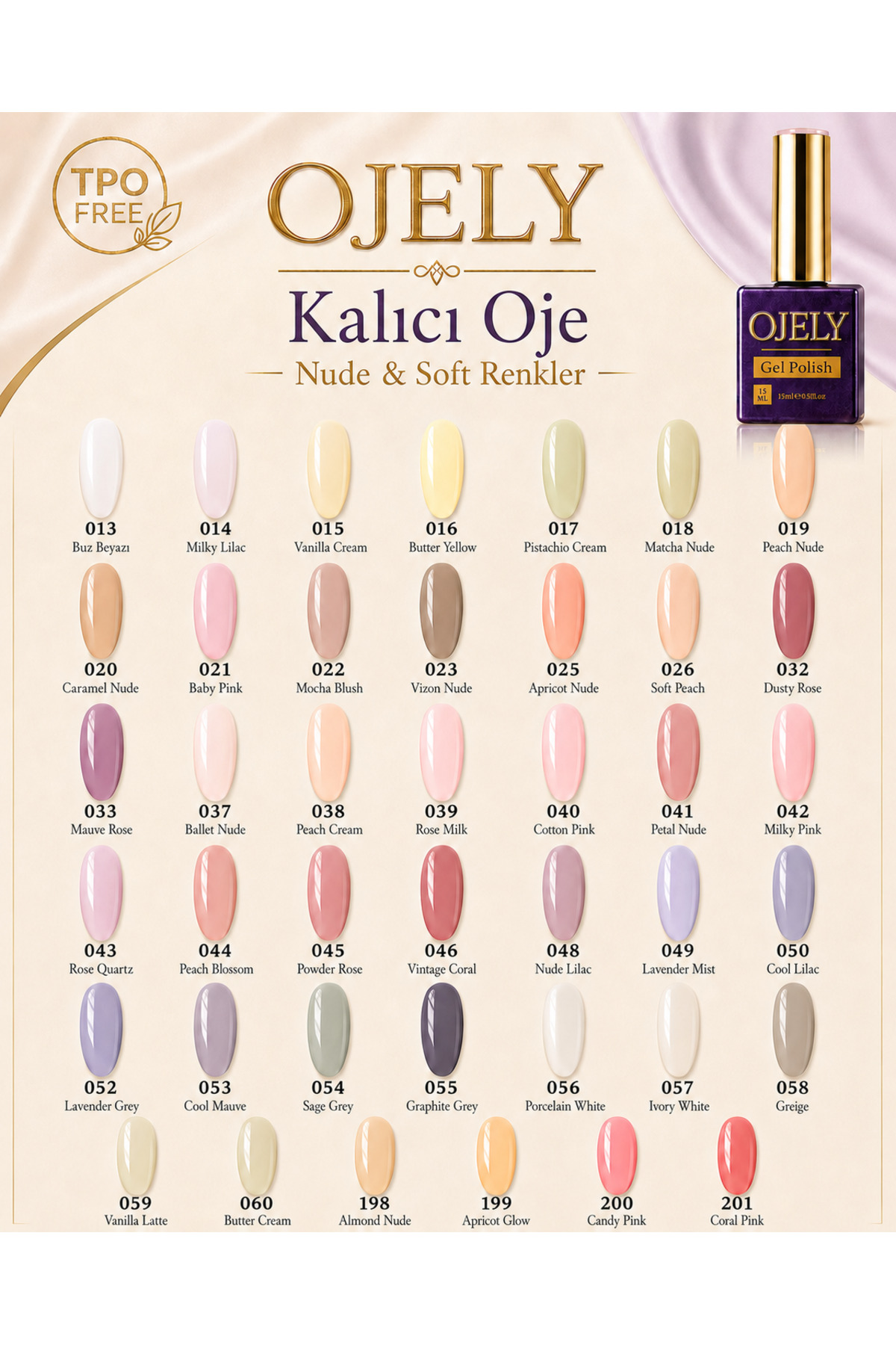 Kalıcı Oje UV/LED Uyumlu 15ML Nude & Soft Renkler — بژ OJELYNUDESOFT — تصویر 2 از 2