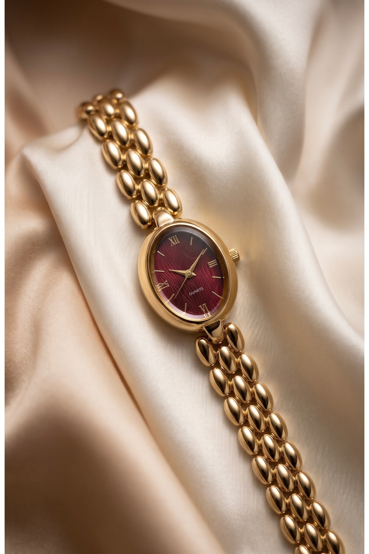 KLISHE Butik Kadın Çelik Saat Gold Renk & Bordo Kadran Vintage Saat Old Money Oval Kasa Roma Rakamlı Lüks Klasik Zarif Şık Kadın Kol Saati | Limited Edition 2026 görsel 5