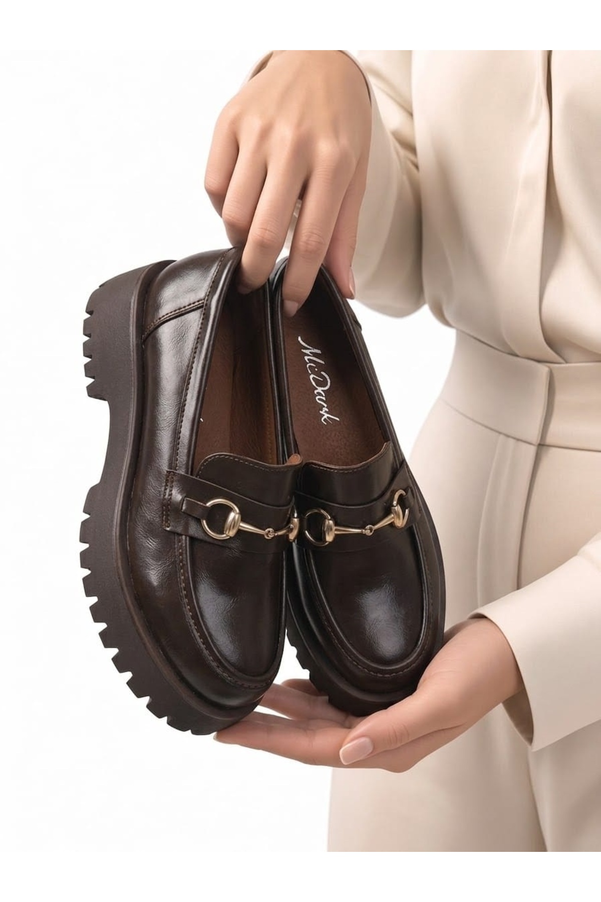 McDark Kadın Tokalı Hafif Taban Casual Loafer Ayakkabı-KAHVE RUGAN görsel 3