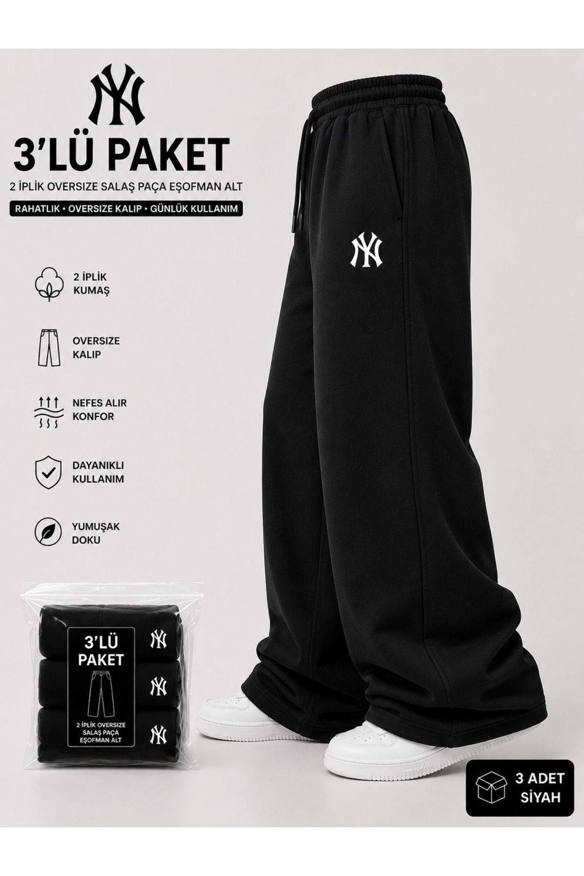 yx yustex sport 3 Adet Çoklu Set NY Baskılı Eşofman Altı (SİYAH+GRİ+SİYAH) Bol Paça Oversize görsel 5