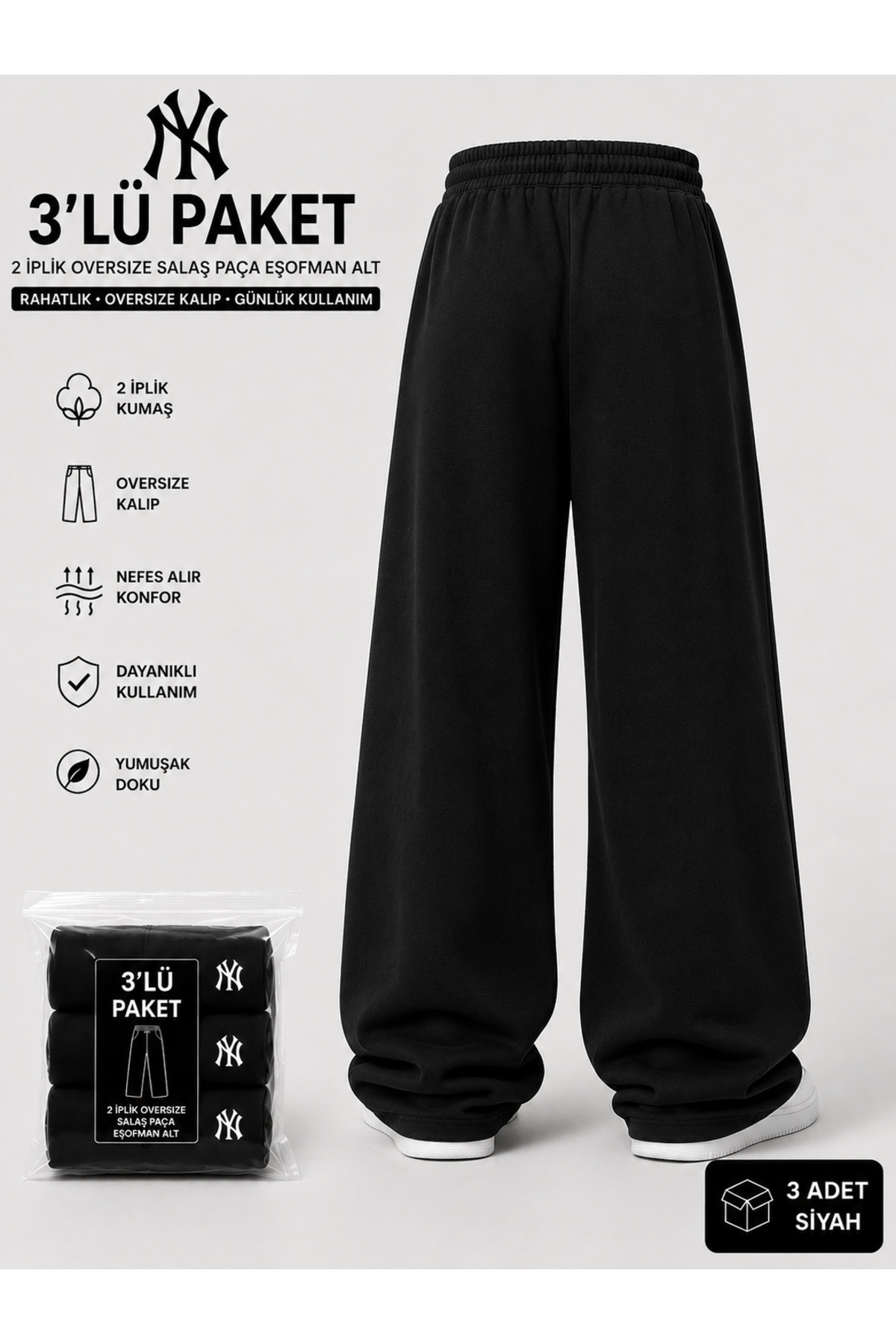 yx yustex sport 3 Adet Çoklu Set NY Baskılı Eşofman Altı (SİYAH+GRİ+SİYAH) Bol Paça Oversize görsel 7