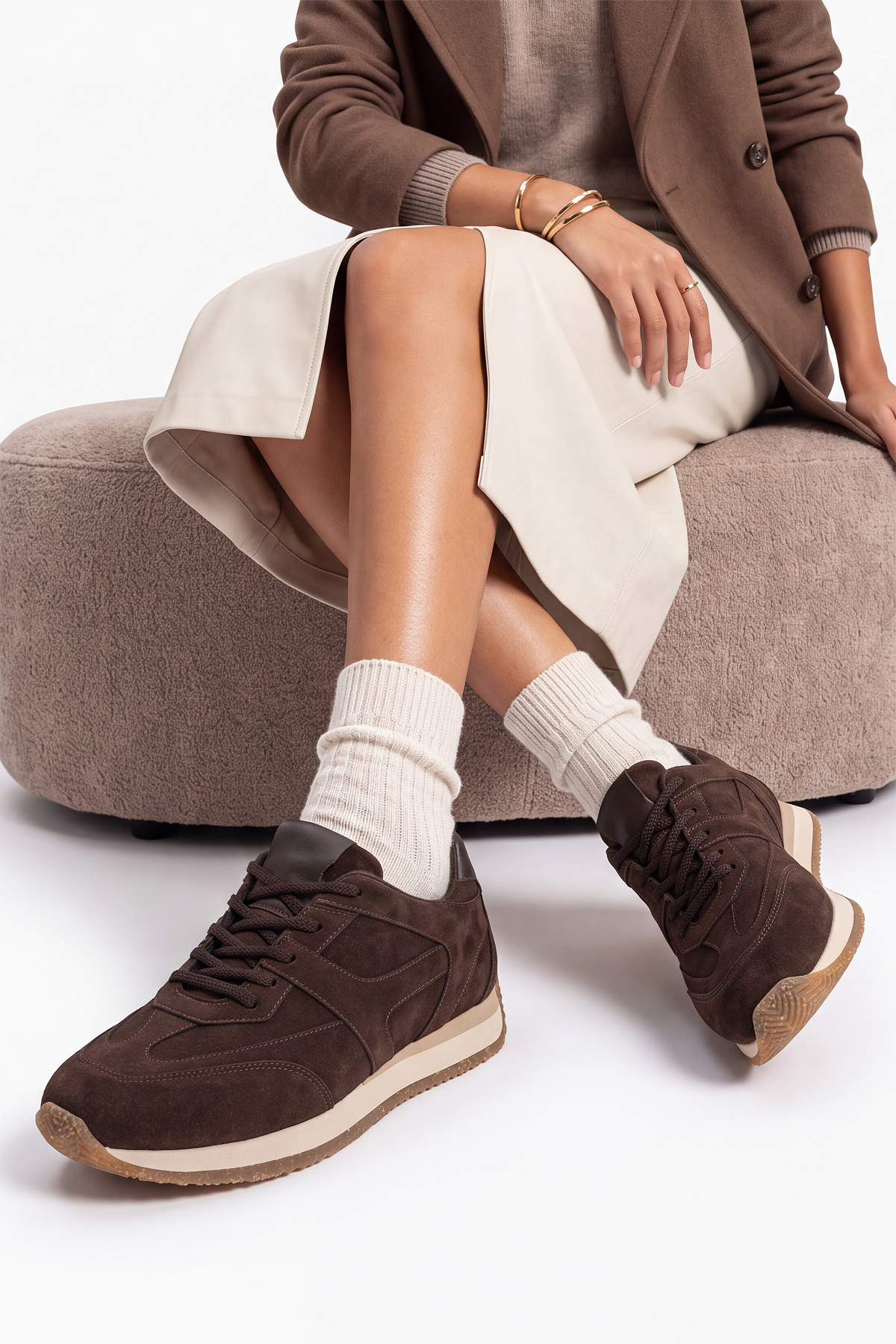 Marjin Kadın Süet Bağcıklı Retro Günlük Sneaker Spor Ayakkabı Foryeta Kahve Süet görsel 2