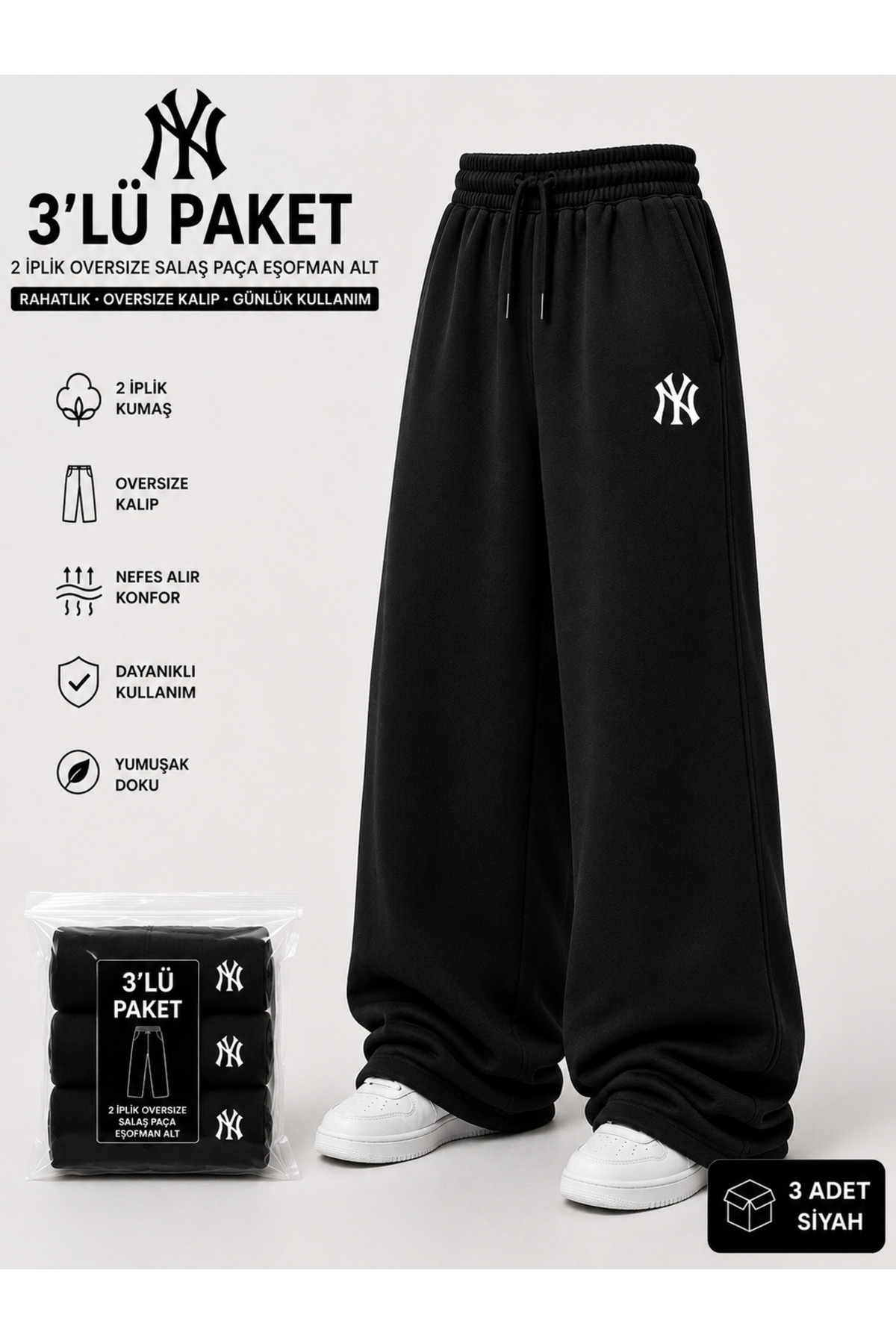 yx yustex sport 3 Adet Çoklu Set NY Baskılı Eşofman Altı (SİYAH+GRİ+SİYAH) Bol Paça Oversize görsel 3