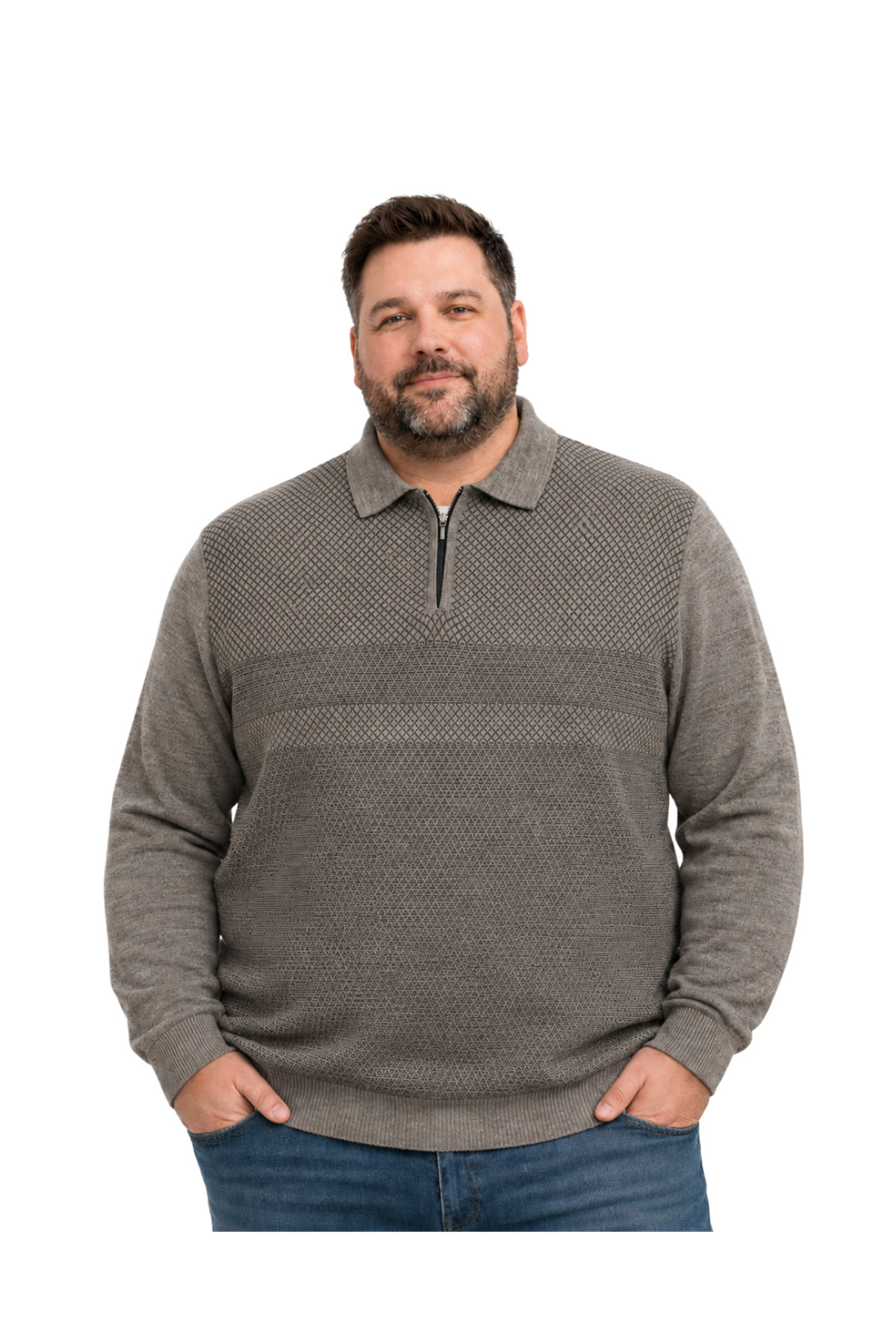 BattalModa Erkek Büyük Beden Vizon Atlas Polo Yaka Fermuarlı Triko Kazak 5XL-6XL-7XL-8XL