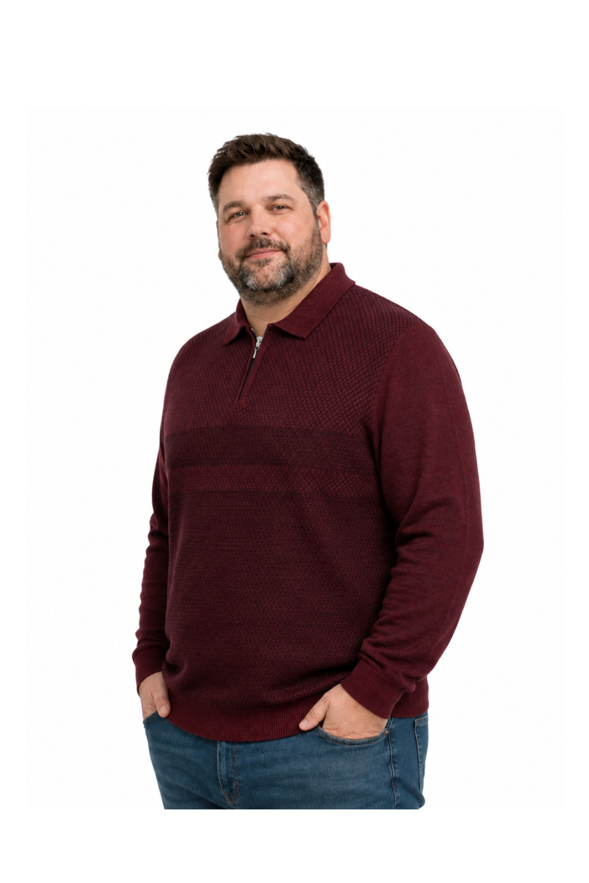 BattalModa Erkek Büyük Beden Bordo Atlas Polo Yaka Fermuarlı Triko Kazak 5XL-6XL-7XL-8XL görsel 2