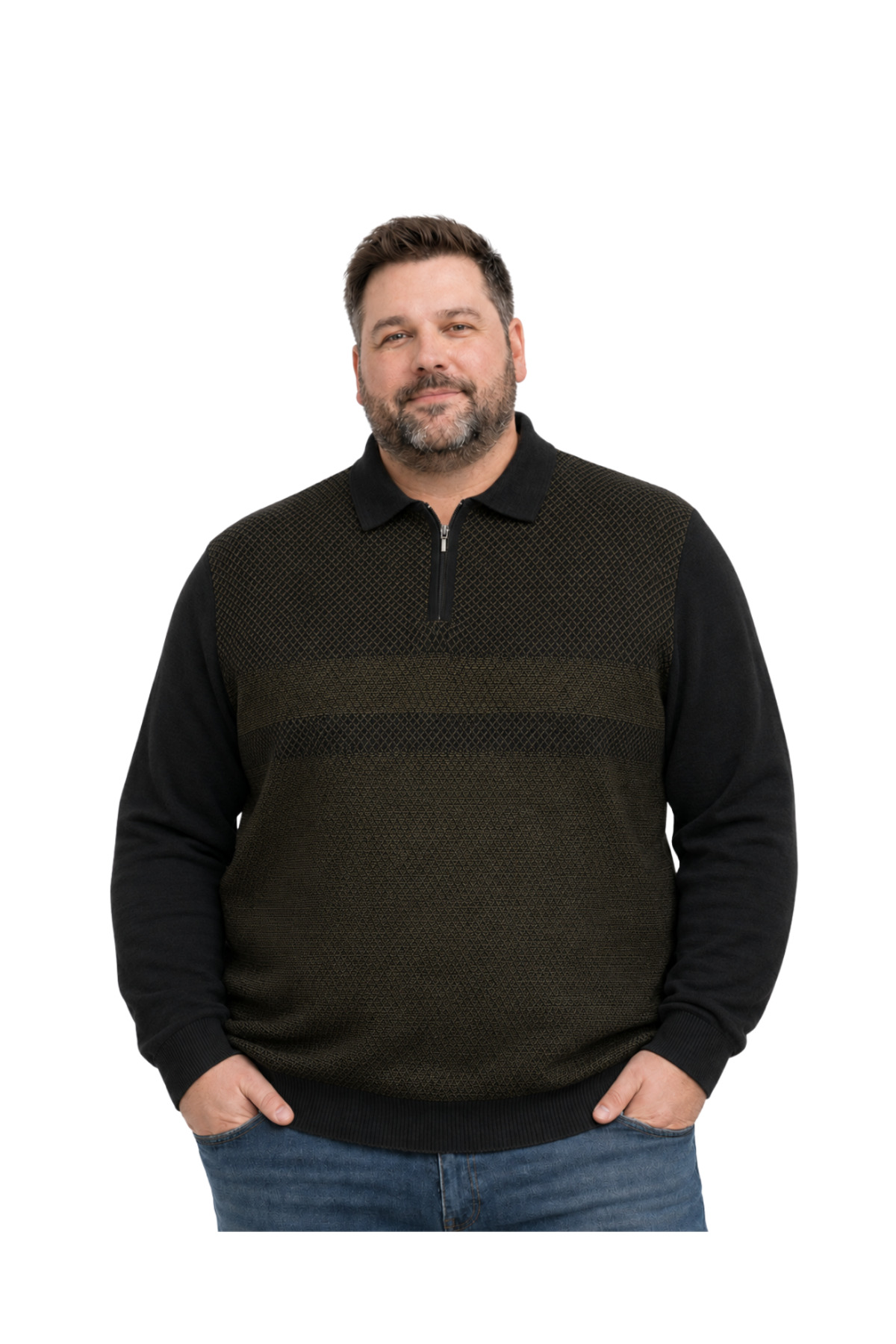 BattalModa Erkek Büyük Beden Haki Atlas Polo Yaka Fermuarlı Triko Kazak 5XL-6XL-7XL-8XL