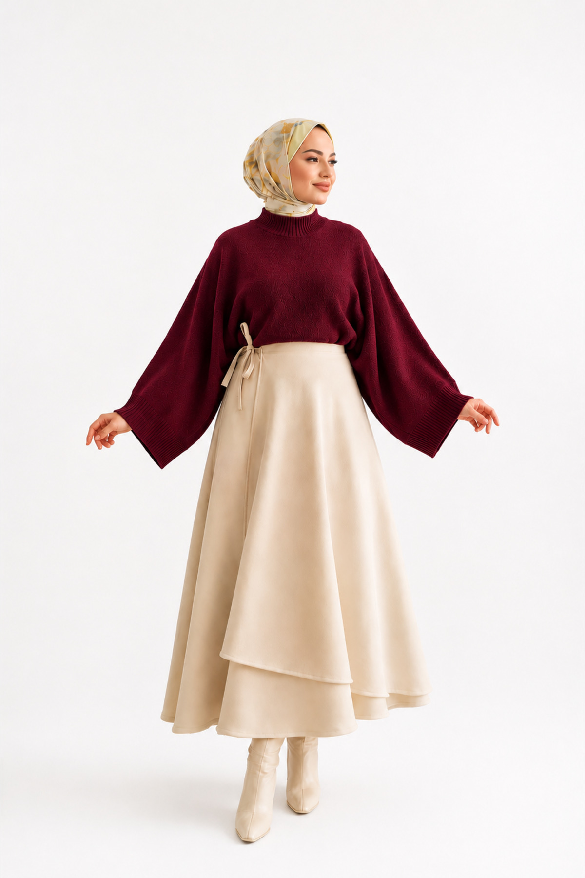 Gülce moda Kadın Yarasa Kol Oversize Triko Kazak Bordo görsel 2