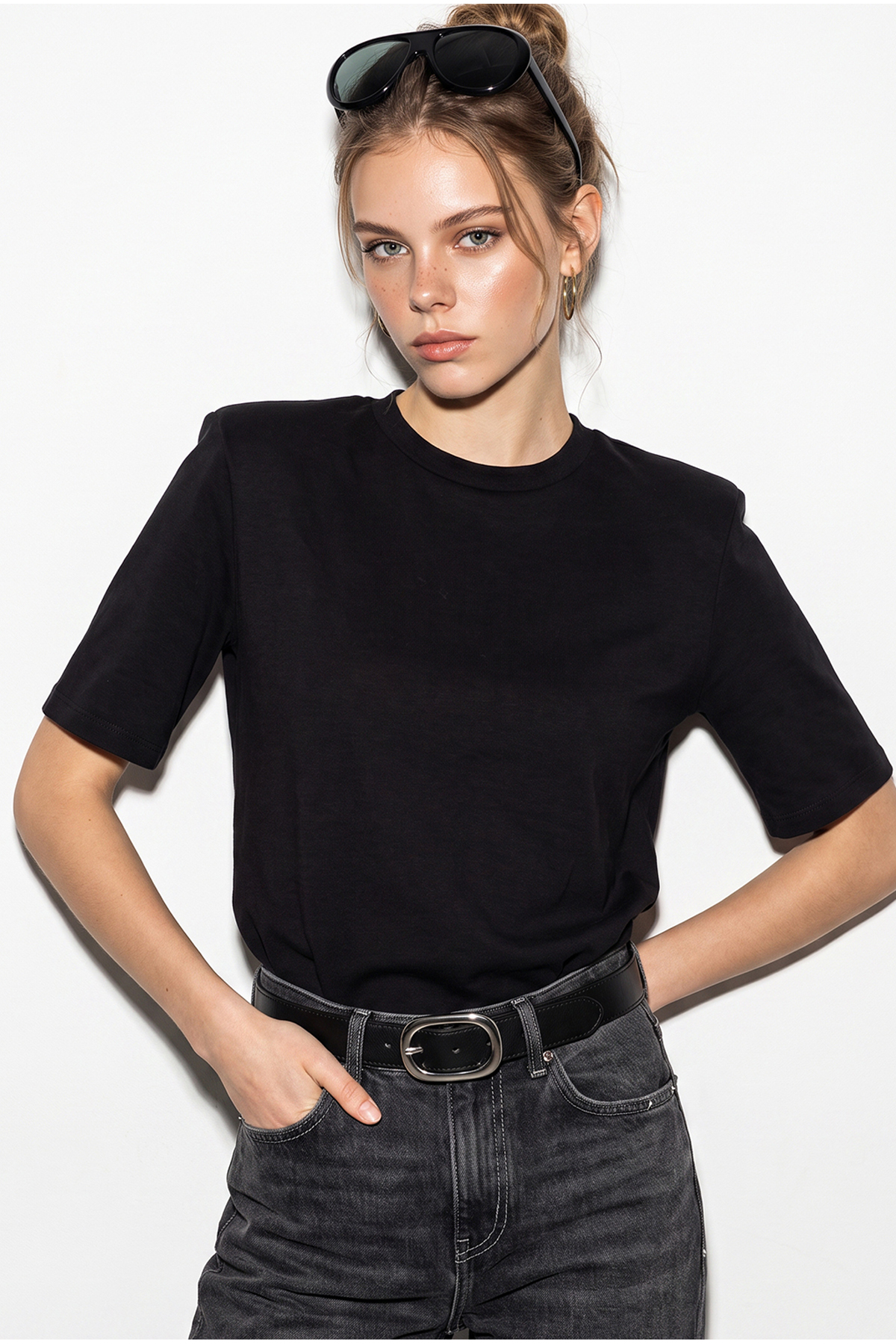 Bianco Lucci Kadın Siyah Bisiklet Yaka Vatkalı Pamuklu Basic T-Shirt 241134 60283128 görsel 2
