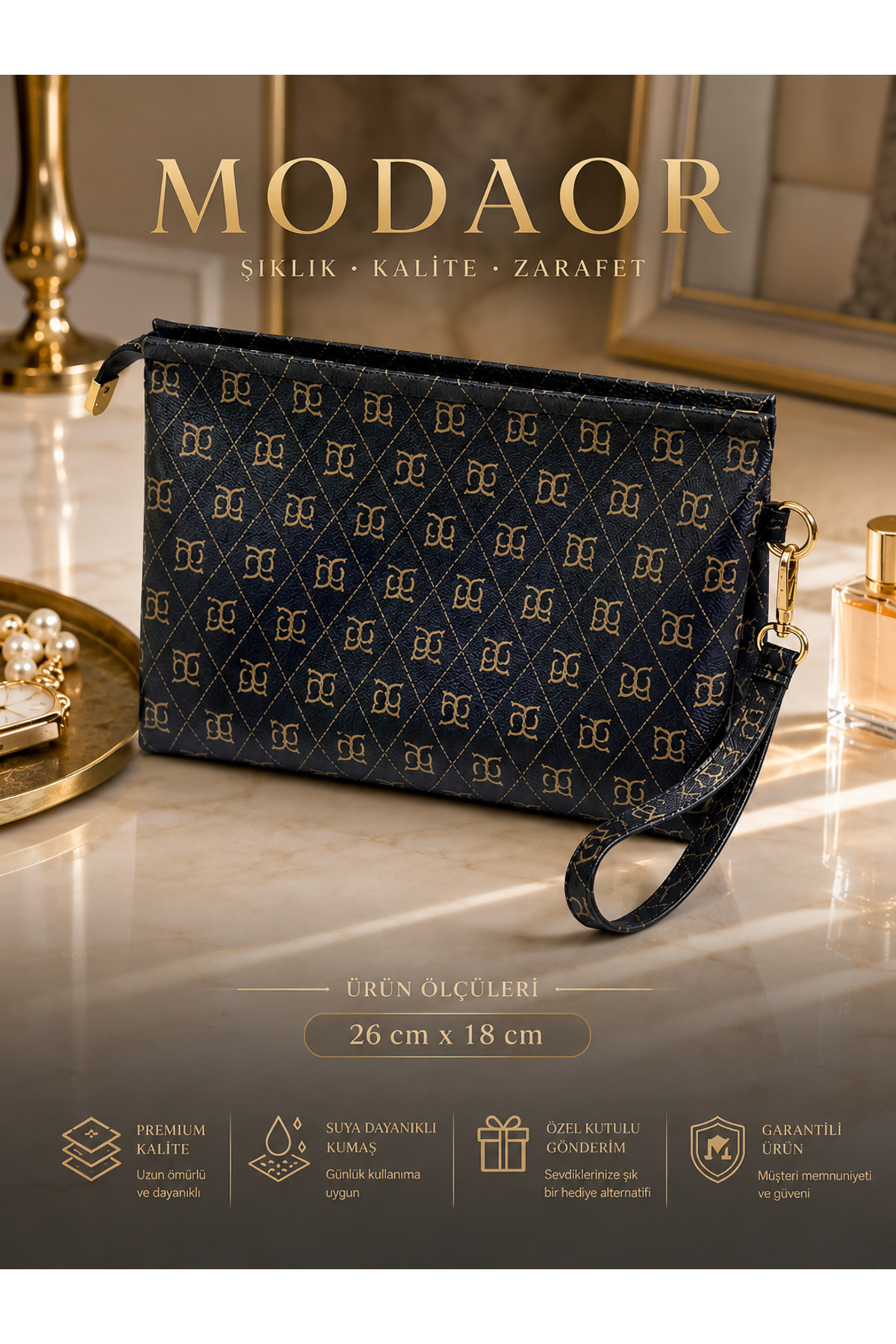Modaor Kadın Siyah Portföy El Çantası Fermuarlı Bilek Askılı Desenli Günlük Clutch Çanta