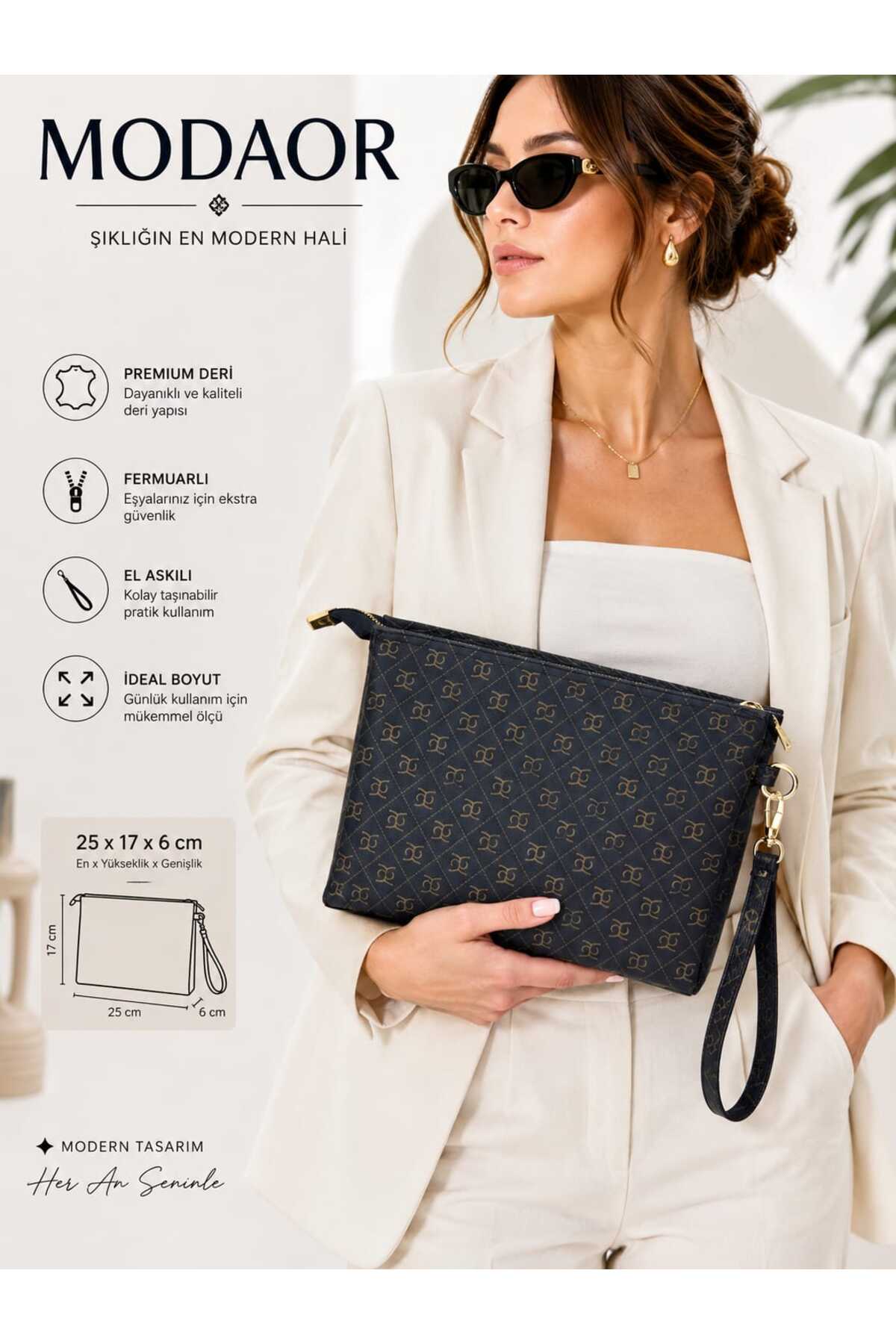 Modaor Kadın Siyah Portföy El Çantası Fermuarlı Bilek Askılı Desenli Günlük Clutch Çanta görsel 2