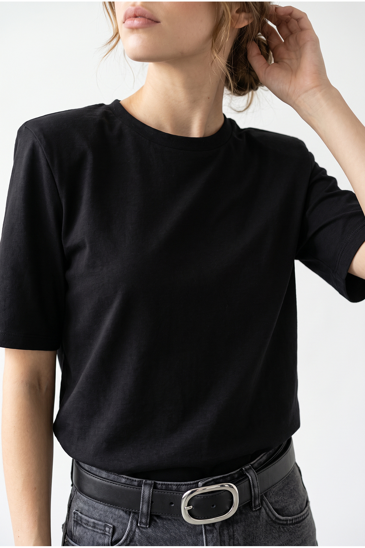Bianco Lucci Kadın Siyah Bisiklet Yaka Vatkalı Pamuklu Basic T-Shirt 241134 60283128 görsel 4