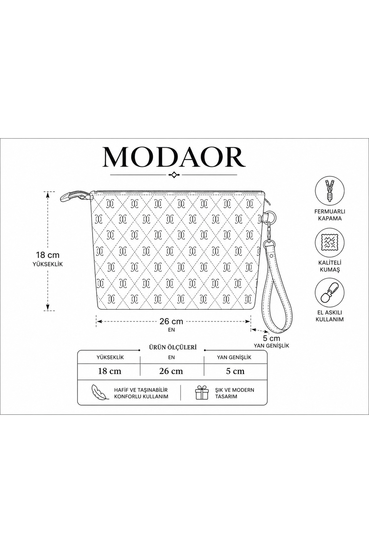 Modaor Kadın Siyah Portföy El Çantası Fermuarlı Bilek Askılı Desenli Günlük Clutch Çanta görsel 3