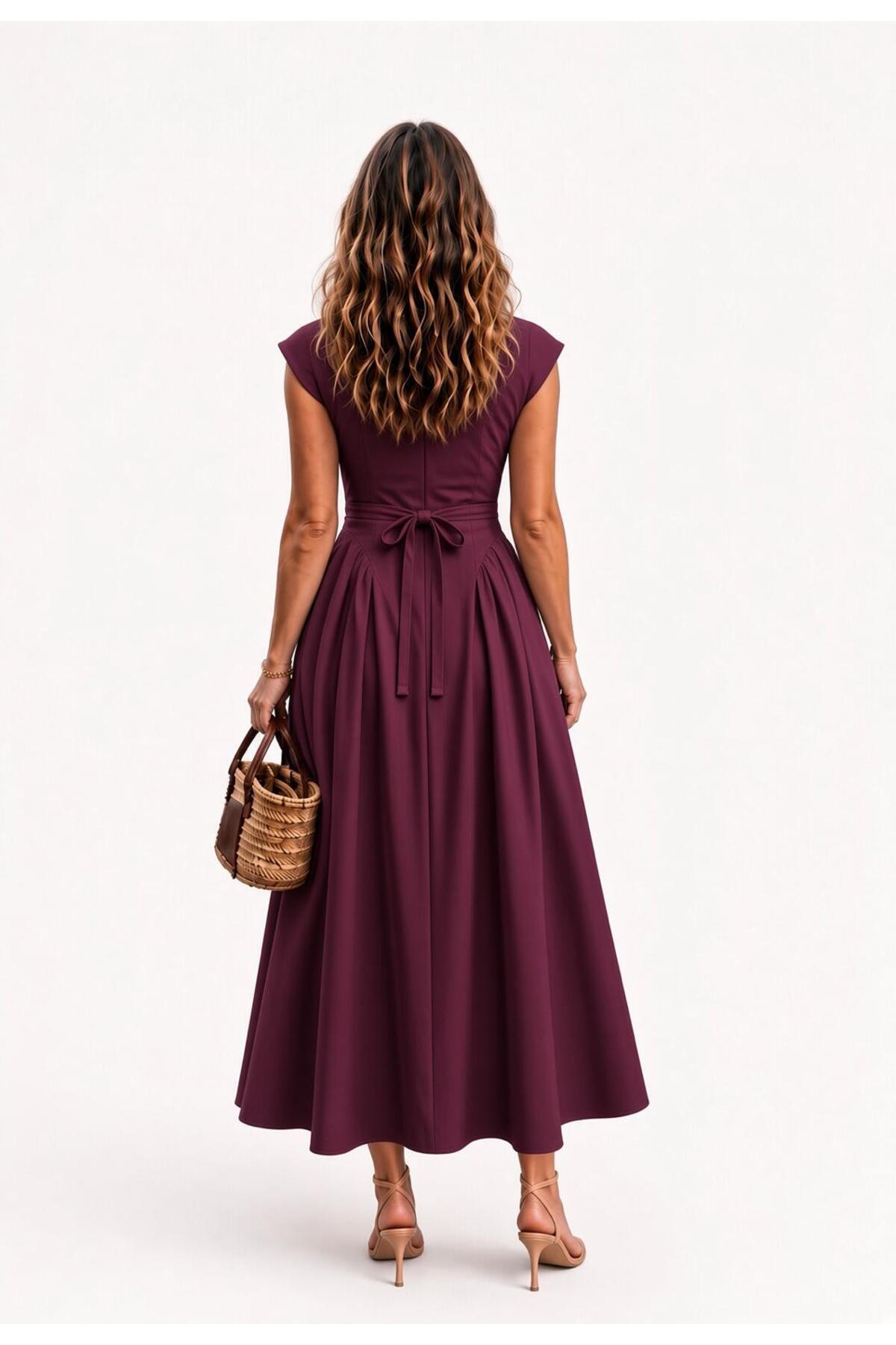 Raunk Vintage Elegance Mürdüm Belden Oturtmalı Poplin Kumaş Maxi Elbise görsel 3