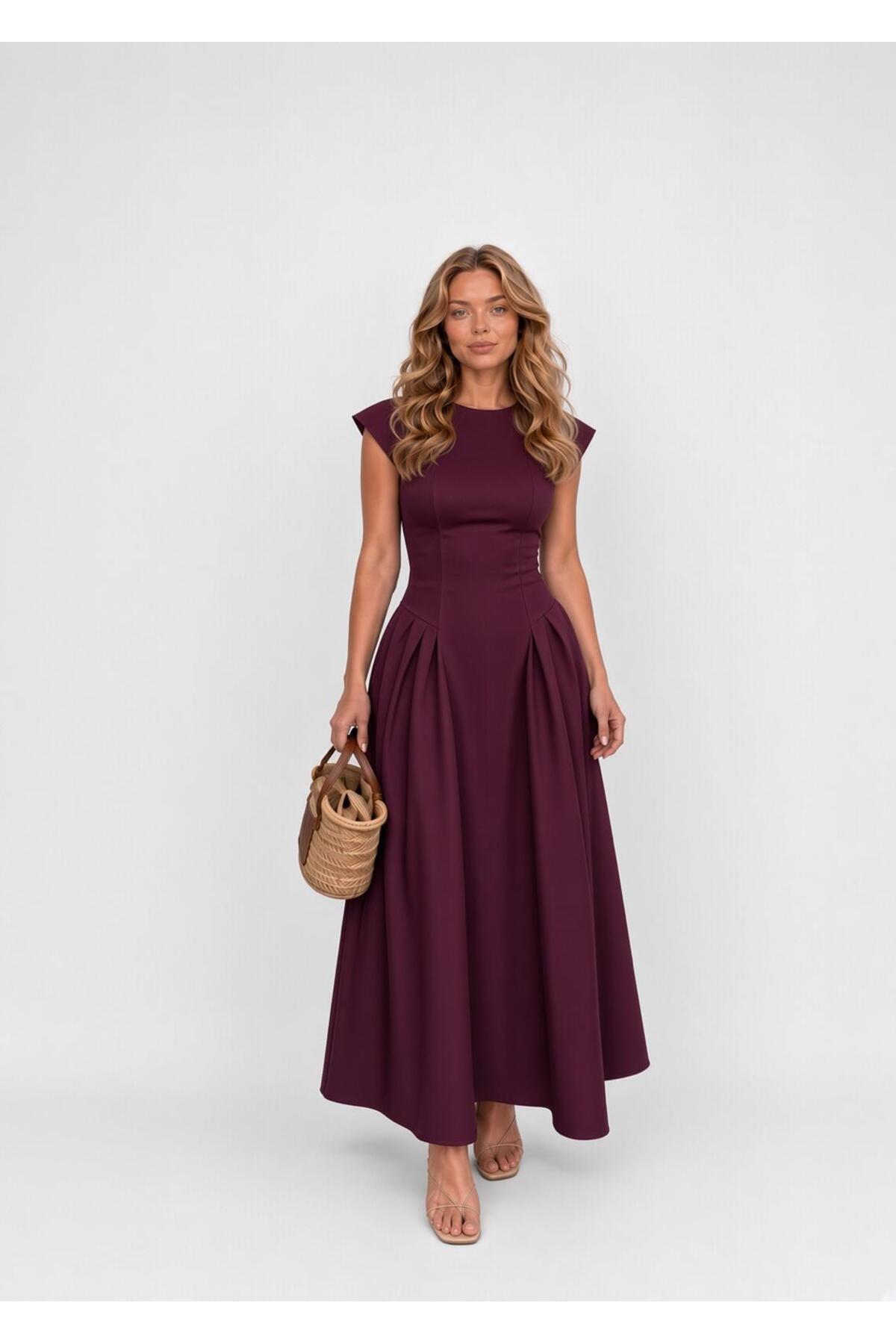 Raunk Vintage Elegance Mürdüm Belden Oturtmalı Poplin Kumaş Maxi Elbise görsel 2