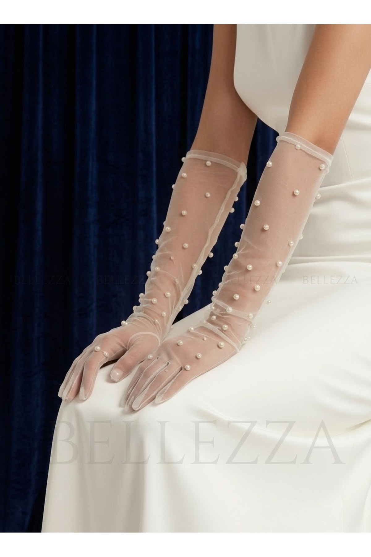 Bellezza Concept Uzun İncili Tül Gelin Eldiveni - Beyaz Çakma İnci Detaylı Nikah ve Düğün Eldiveni⁠ görsel 2