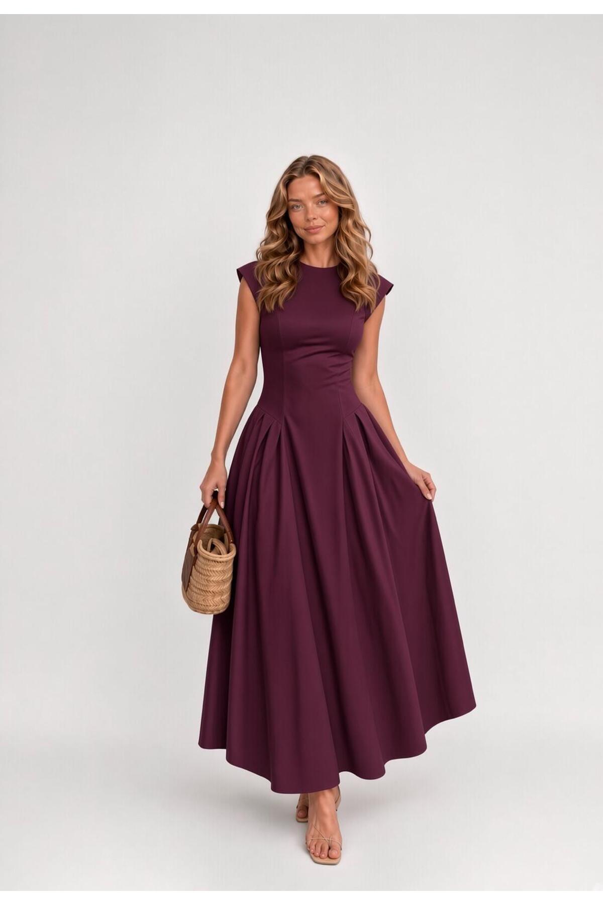 Raunk Vintage Elegance Mürdüm Belden Oturtmalı Poplin Kumaş Maxi Elbise