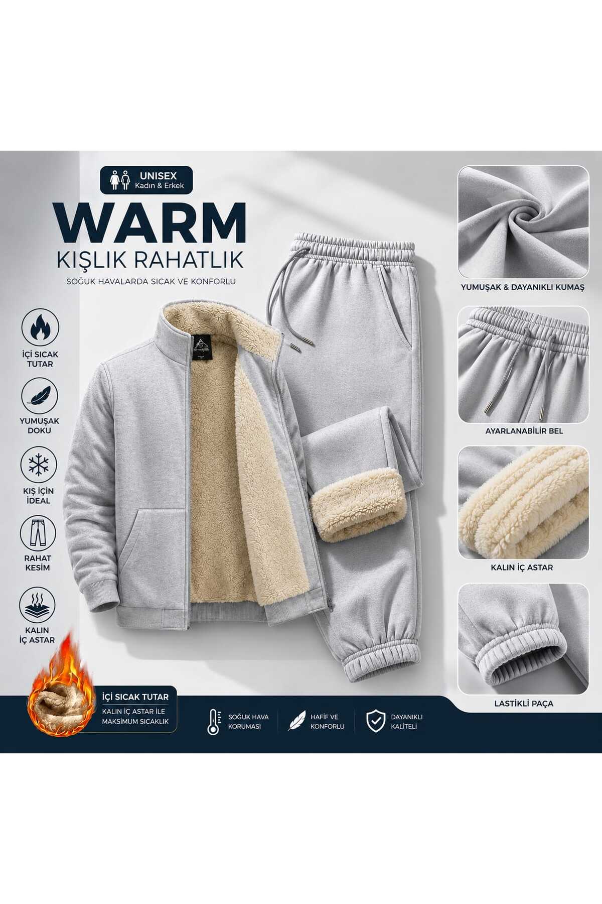 Unisex Kışlık İçi Peluş Kürklü Eşofman Takımı Sıcak Tutan Fermuarlı Ceket Ve Pantolon — خاکستری hm-0036