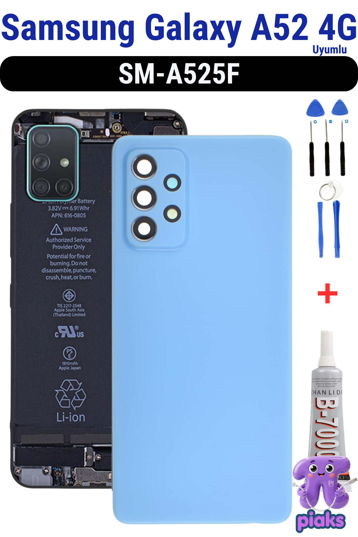 Samsung Galaxy A52 4G Arka Kapak Pil Batarya Kapağı Kamera Lensli SM-A525F Uyumlu + Tamir Kiti - Mavi