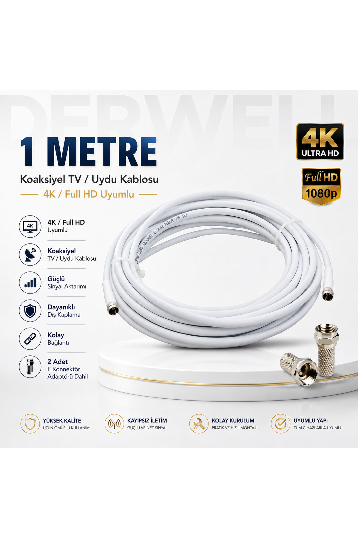 1 Metre 4K Full HD Koaksiyel TV Uydu Anten Kablosu Seti - Güçlü Sinyal Aktarımlı Dayanıklı Televizyon Kablosu - Lnb Alıcı Uyumlu Yüksek Kalite Beyaz