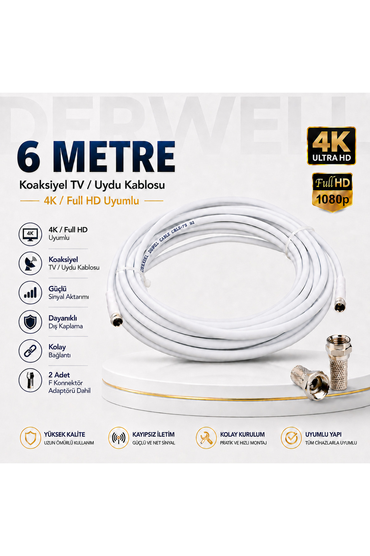 6 Metre 4K Full HD Koaksiyel TV Uydu Anten Kablosu Seti - Güçlü Sinyal Aktarımlı Dayanıklı Televizyon Kablosu - Lnb Alıcı Uyumlu Yüksek Kalite Beyaz
