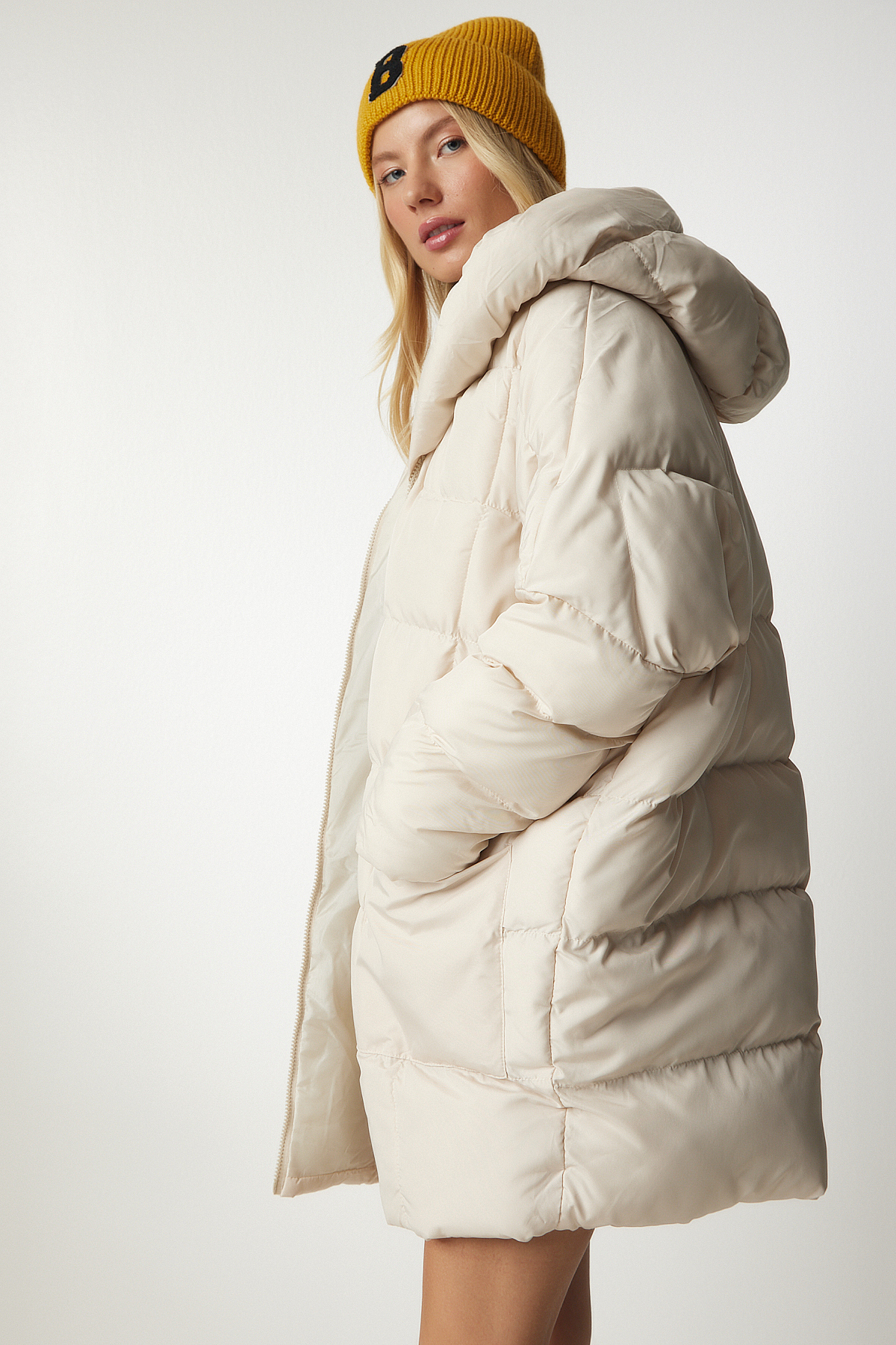 Lovelyİstanbul Kapüşonlu Oversize Şişme Kaban LNT0002 TAŞ görsel 3
