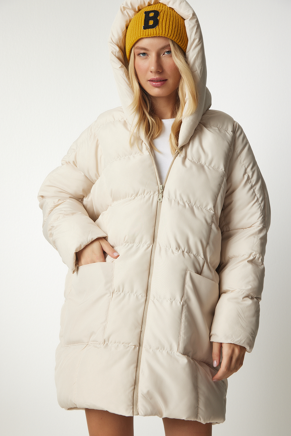 Lovelyİstanbul Kapüşonlu Oversize Şişme Kaban LNT0002 TAŞ görsel 4