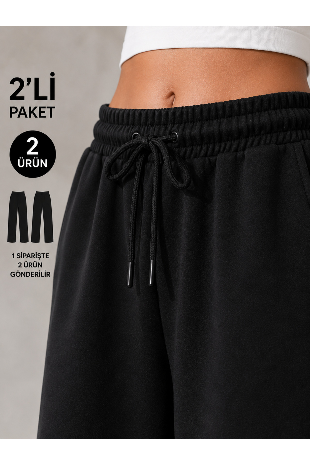 yx yustex sport 2 Adet Kadın Eşofman Altı Set (SİYAH+SİYAH) Oversize Rahat Kalıp Bol Paça görsel 3