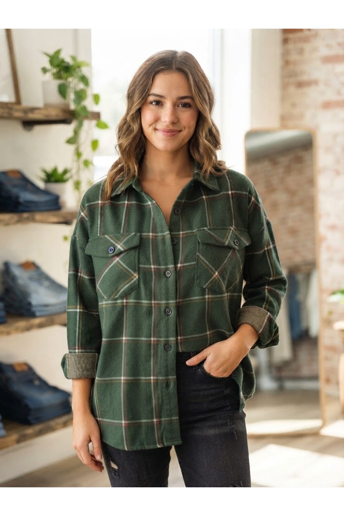 Polologin Butik Kadın Koyu Yeşil Renkli Ekose Desenli Oduncu Gömlek