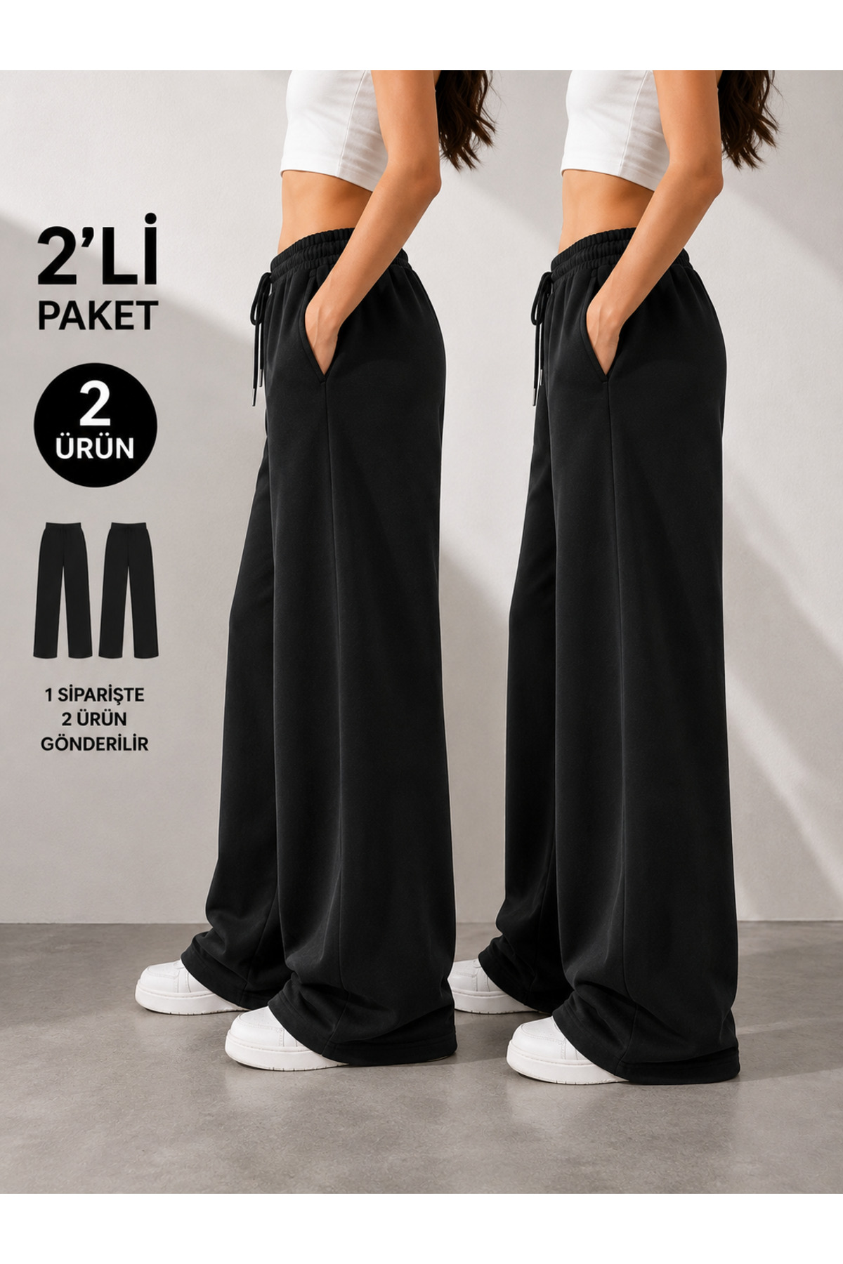 yx yustex sport 2 Adet Kadın Eşofman Altı Set (SİYAH+SİYAH) Oversize Rahat Kalıp Bol Paça görsel 2