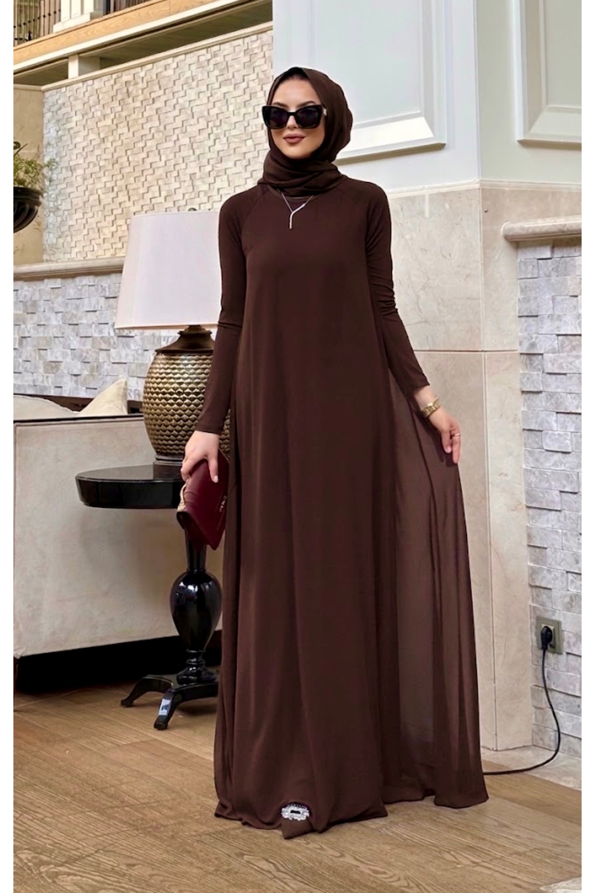 Mürdüm butik Şifon Detaylı Bahar Elbise- Acı Kahve görsel 4