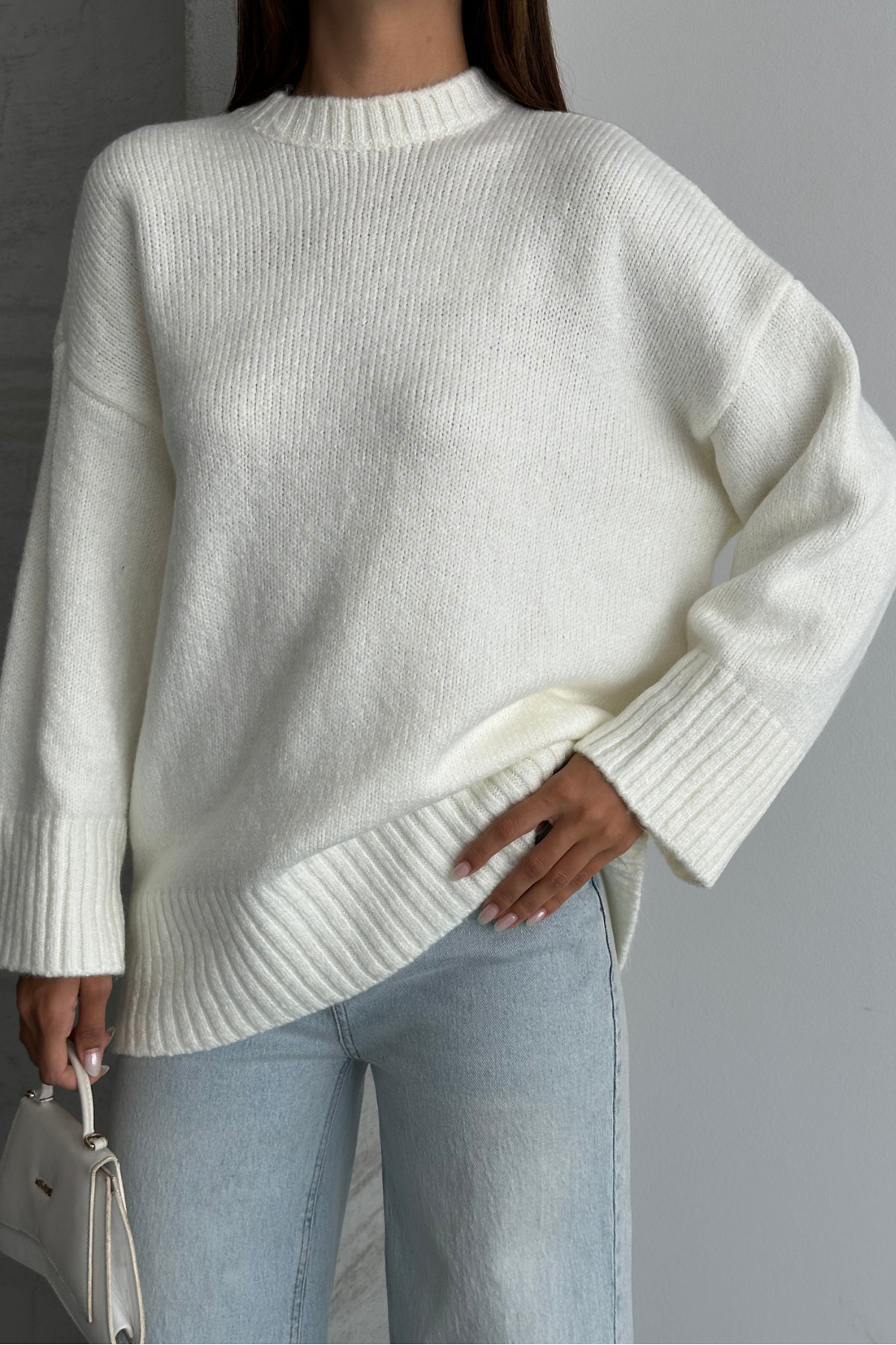 macharel jeans Bisiklet Yaka Oversize Kadın Triko Kazak görsel 7