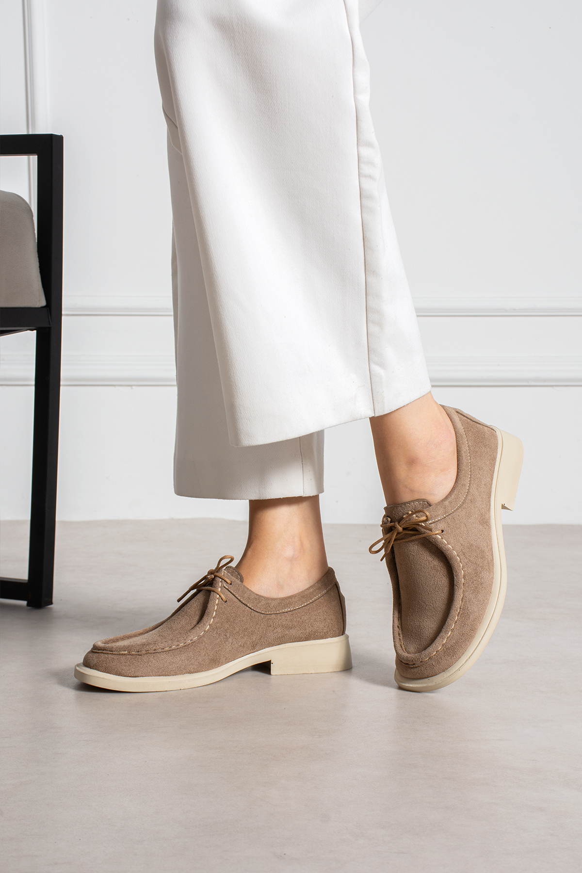 KM shoes Kadın Vizon Süet Bağcıklı Casual Kalın Taban Loafer Ayakkabı