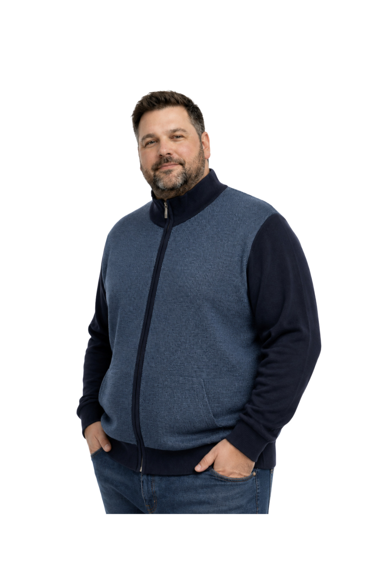 BattalModa Erkek Büyük Beden Lacivert Arven Dik Yaka Cepli Triko Hırka 5XL-6XL-7XL-8XL görsel 2