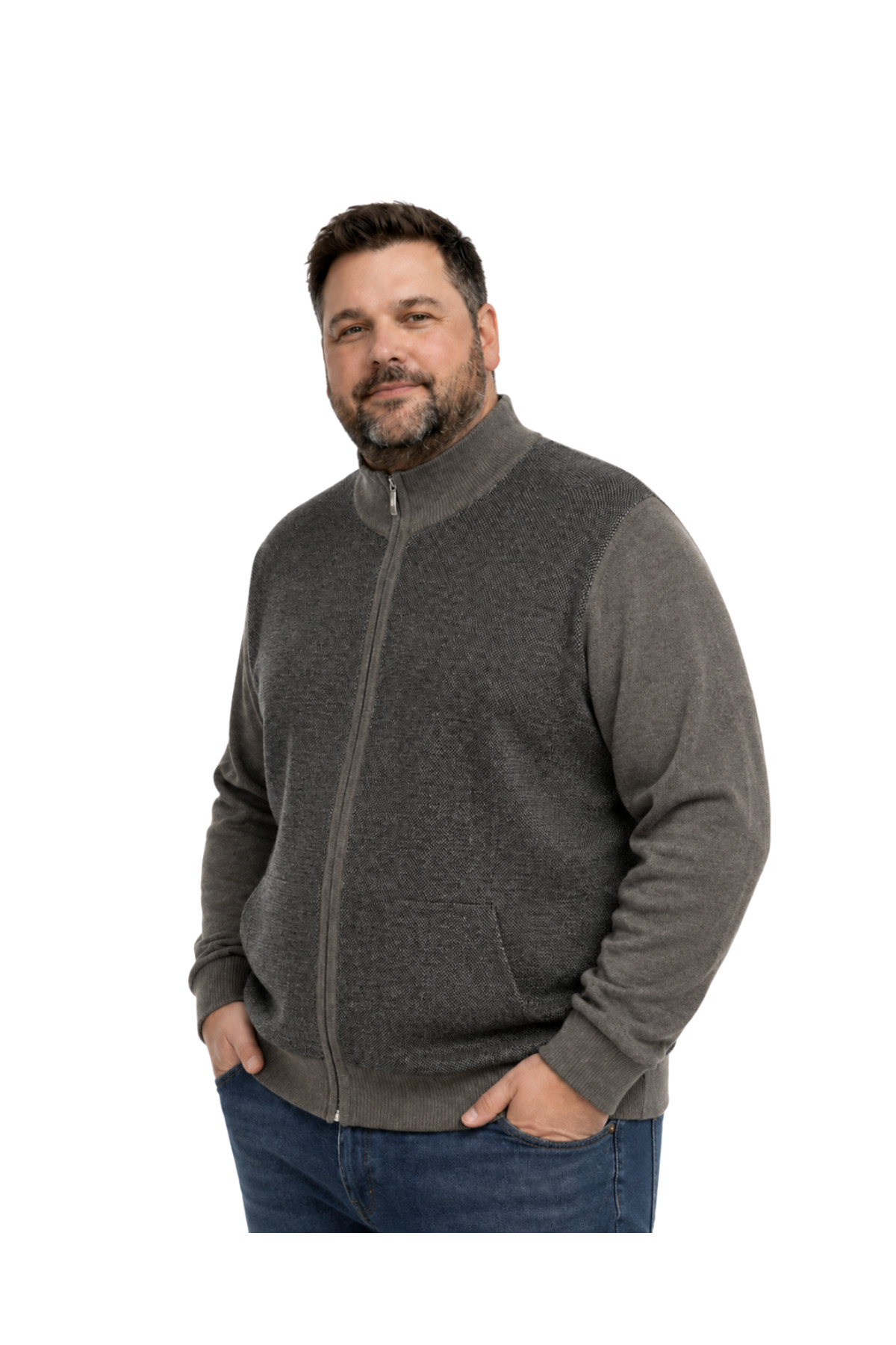 BattalModa Erkek Büyük Beden Koyu Vizon Arven Dik Yaka Cepli Triko Hırka 5XL-6XL-7XL-8XL görsel 2